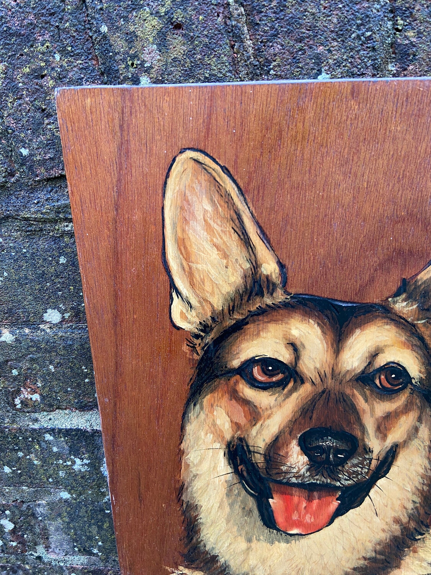 Vintage Blockwood Acrylic Painting of a German Shepherd / Alsation Dog Portrait - mixed media with pyrography (?) and acrylic paint