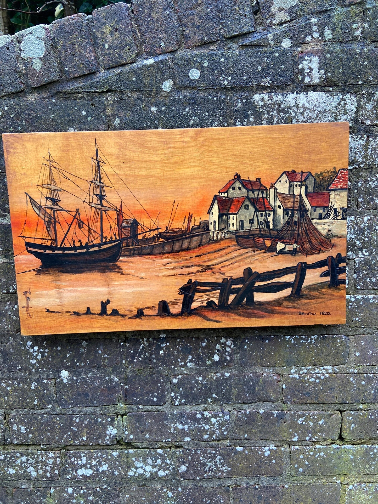 Vintage Brighton 1820 Acrylic Painting burntwood on Blockwood - mixed media with pyrography (?) and acrylic paint