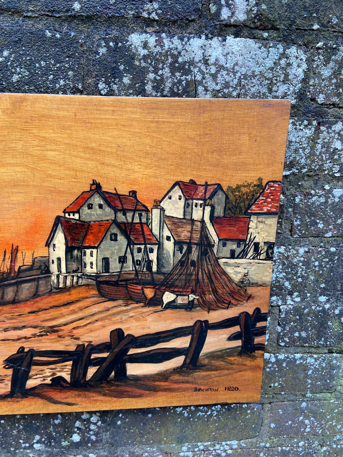 Vintage Brighton 1820 Acrylic Painting burntwood on Blockwood - mixed media with pyrography (?) and acrylic paint