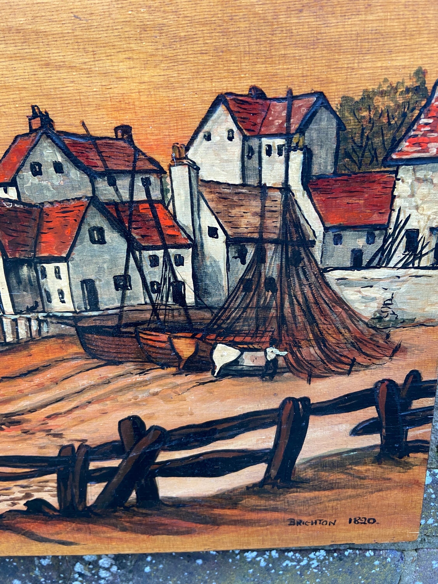 Vintage Brighton 1820 Acrylic Painting burntwood on Blockwood - mixed media with pyrography (?) and acrylic paint