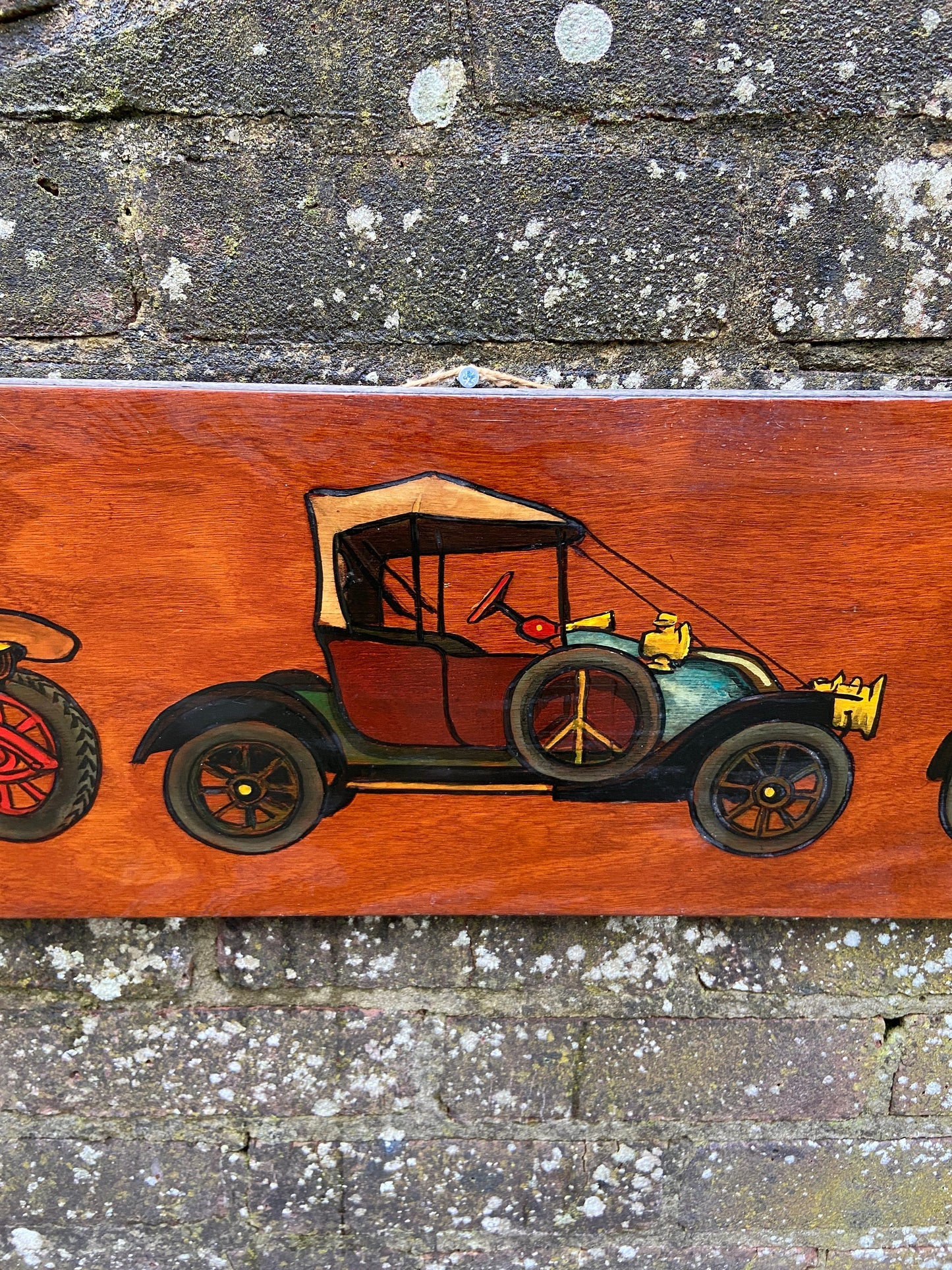 Vintage Cars on Blockwood Acrylic Painting - mixed media with pyrography (?) and acrylic paint, circa 1970s - long horizontal painting