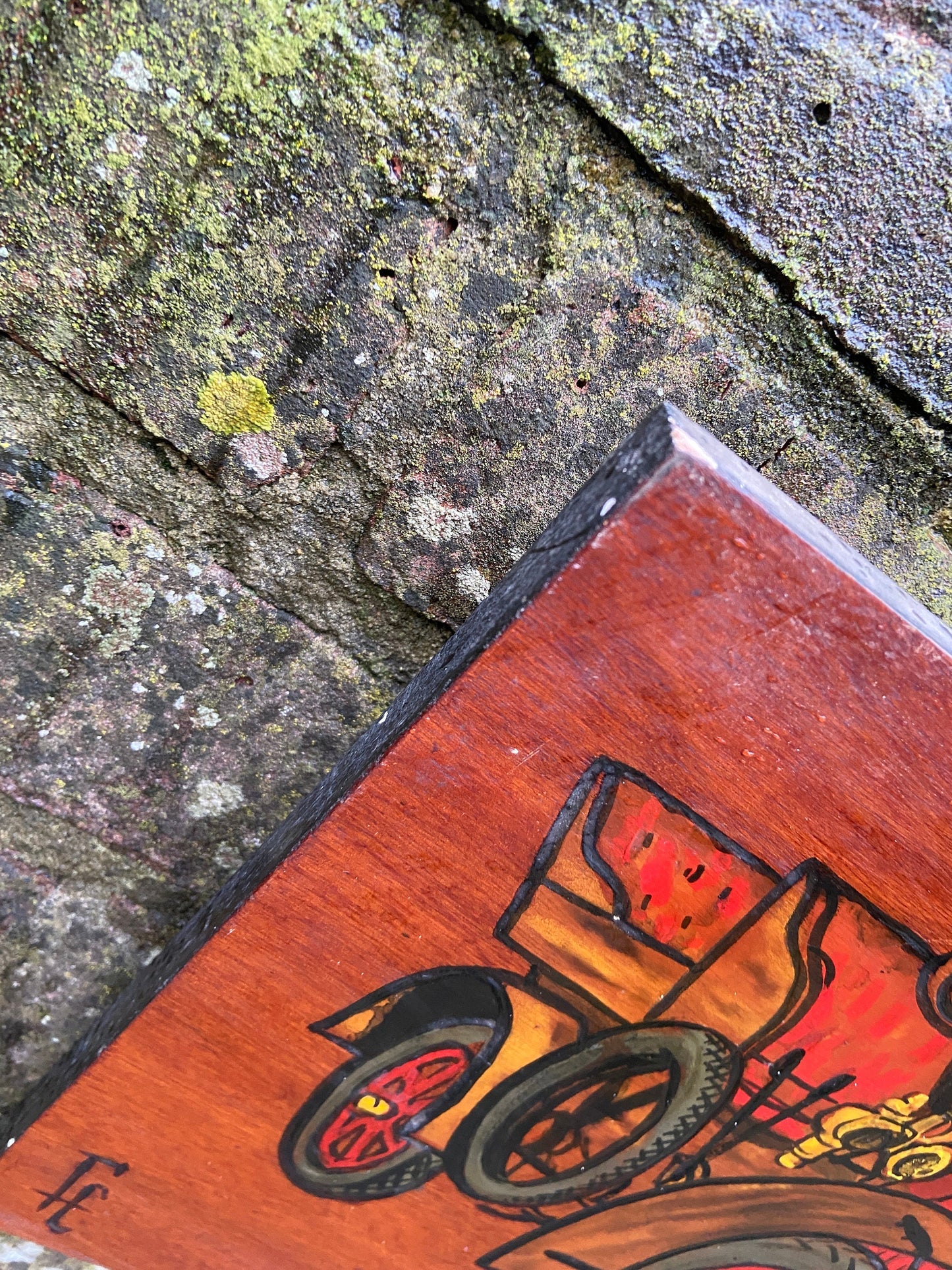 Vintage Cars on Blockwood Acrylic Painting - mixed media with pyrography (?) and acrylic paint, circa 1970s - long horizontal painting