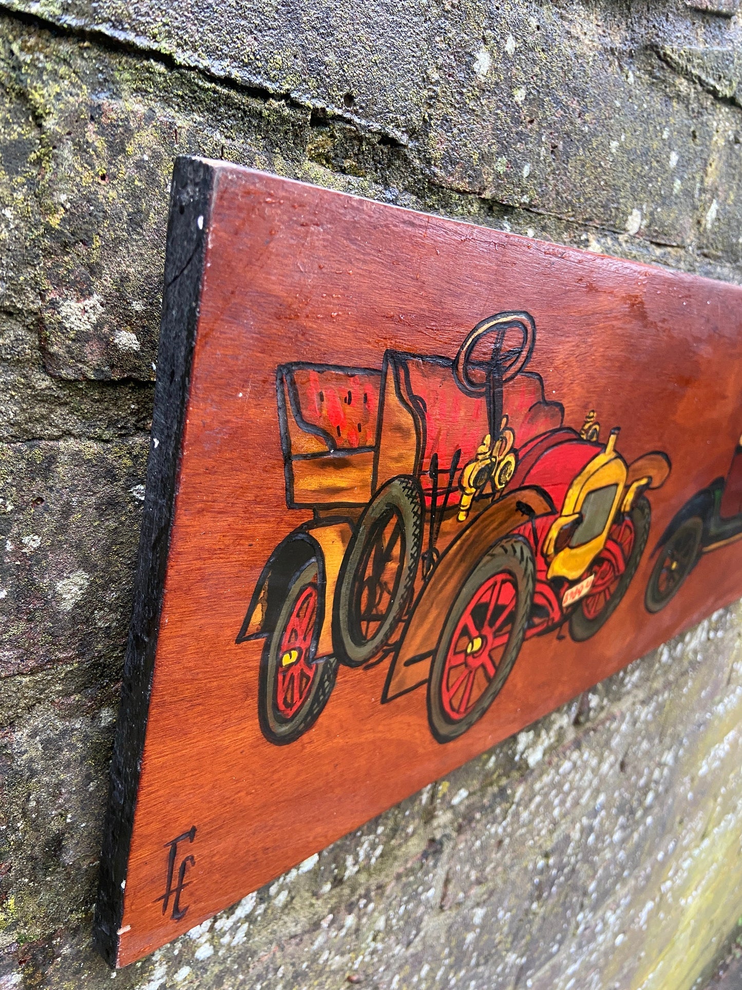 Vintage Cars on Blockwood Acrylic Painting - mixed media with pyrography (?) and acrylic paint, circa 1970s - long horizontal painting
