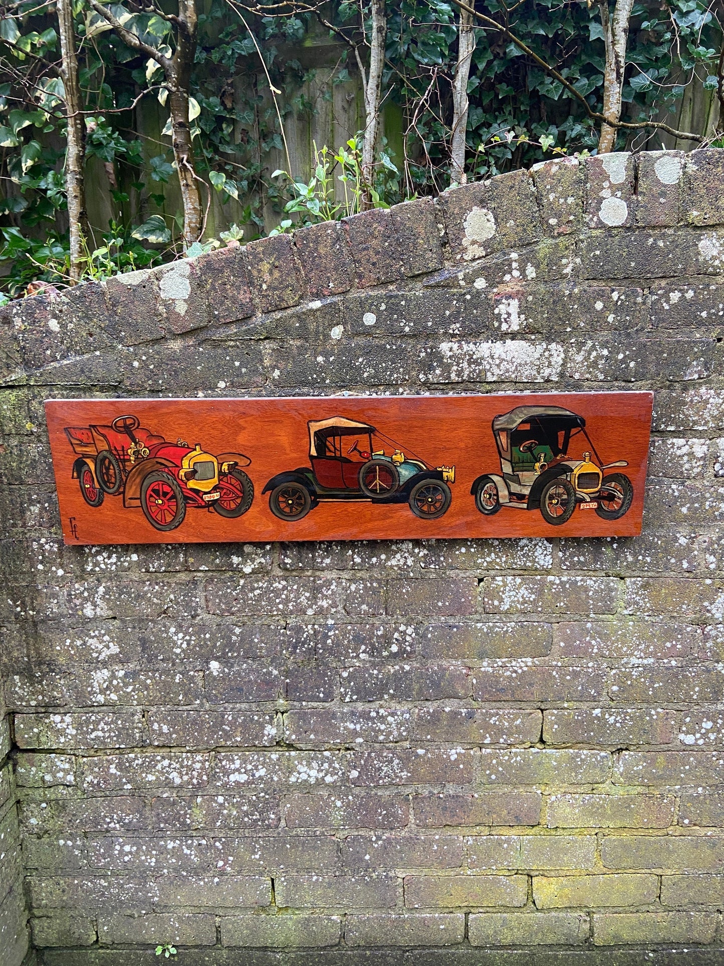 painted vintage cars onwood block