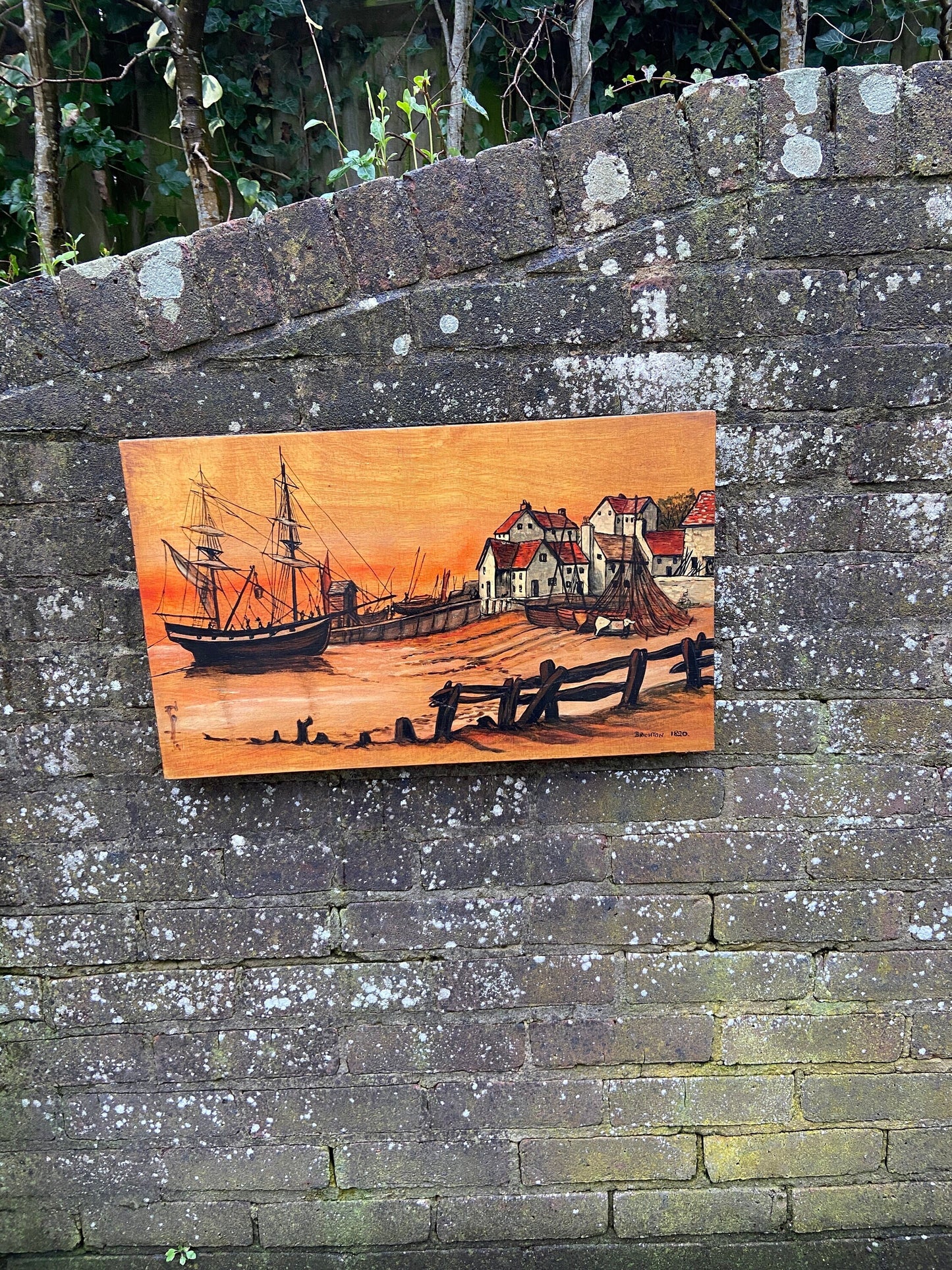 old Brighton fishing village painting on woodblock