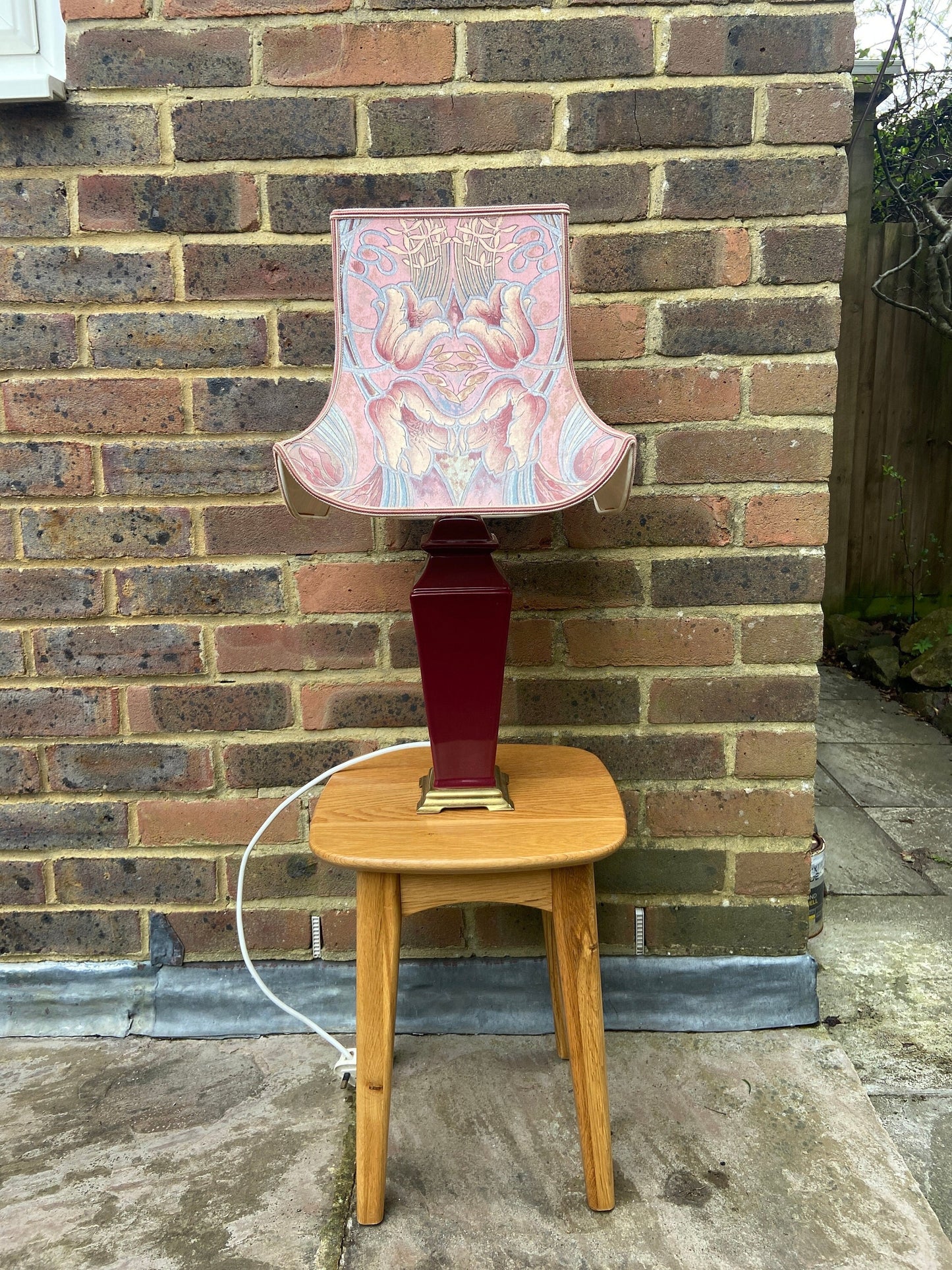 maroon burgundy lamp with a funky shade