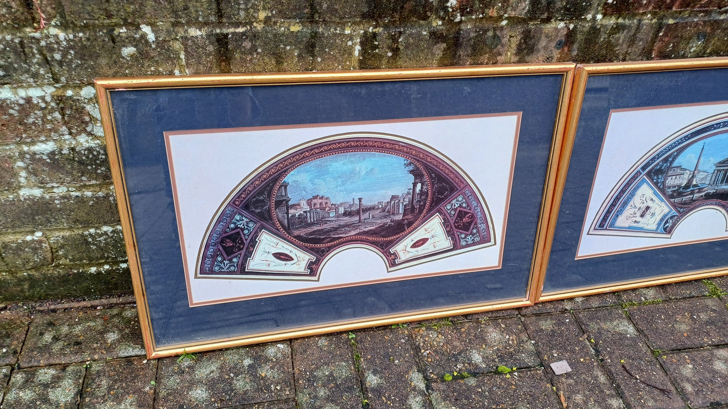 Three delightful vintage prints of Fan Project Leaf artworks of Ancient Roman Places - Tommaso Bigatti - beautifully professionally framed