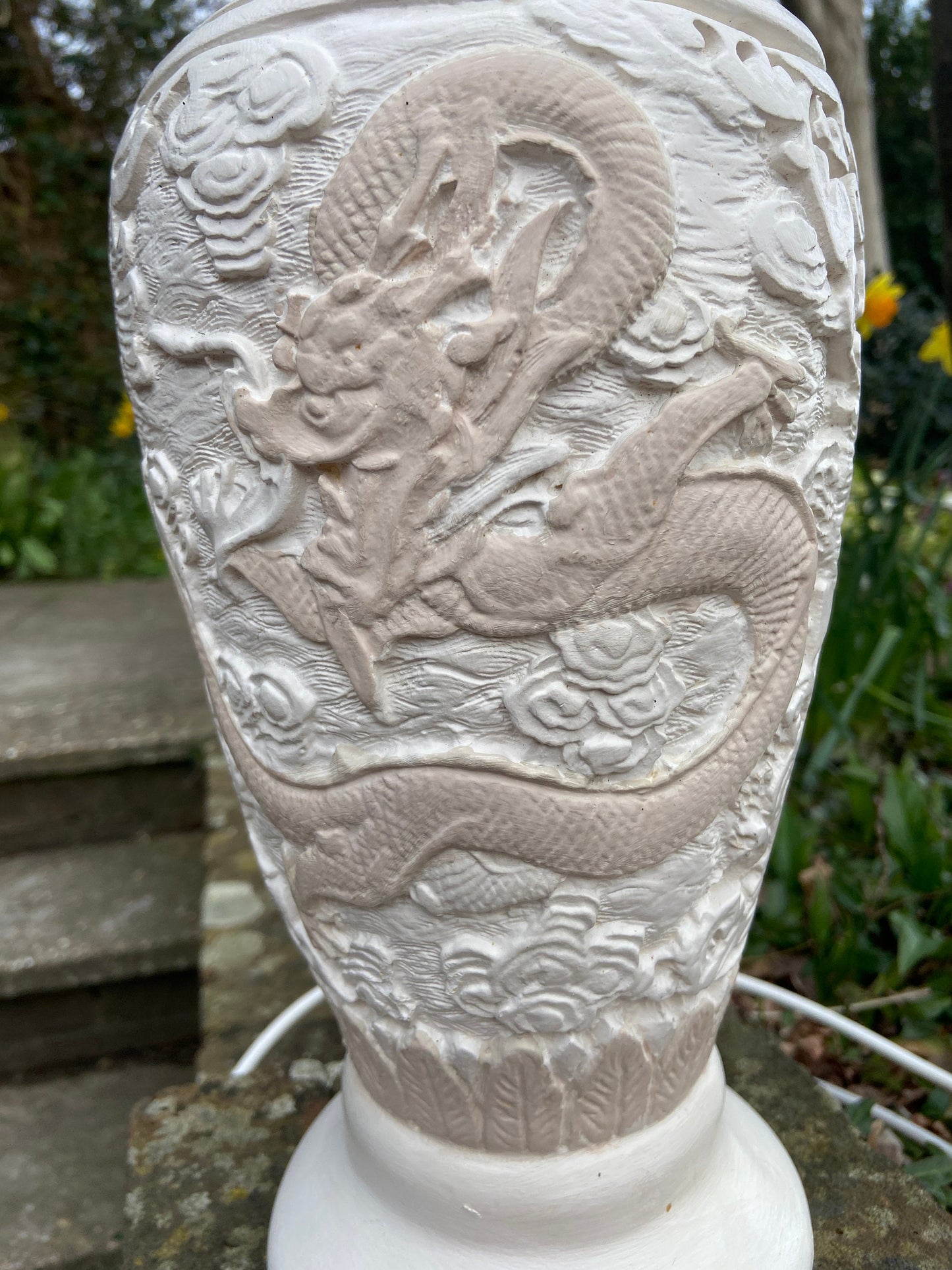 Large vintage Oriental Dragon style handcrafted and handpainted plastercast lamp - dragon detail, cream and beige