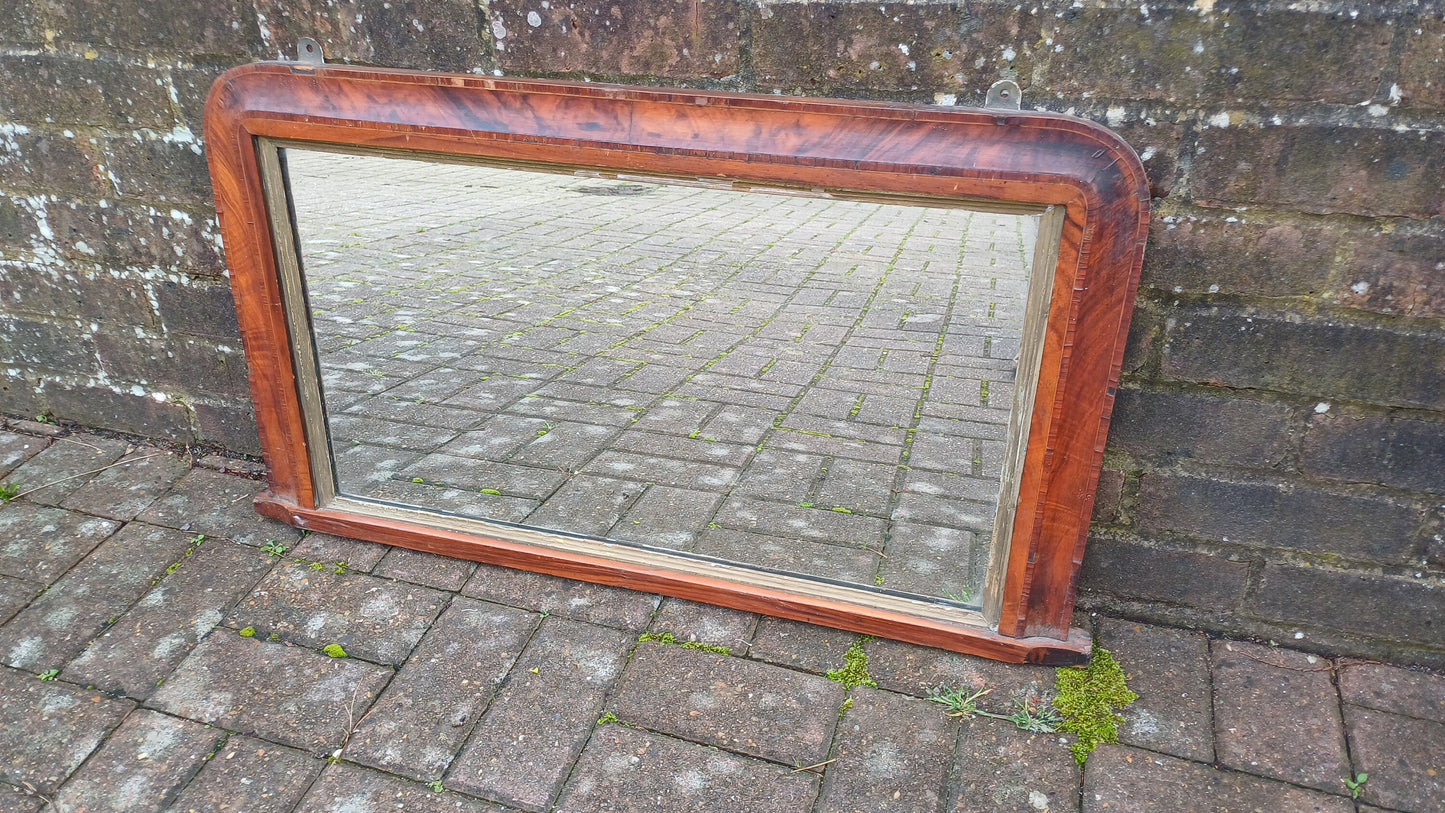 Vintage Age Worn Victorian Mahogany Inlaid Wall Mirror Over Mantel Mantle