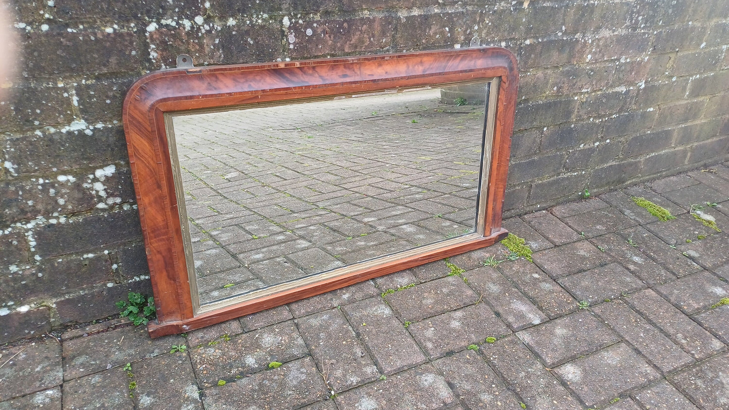 Vintage Age Worn Victorian Mahogany Inlaid Wall Mirror Over Mantel Mantle