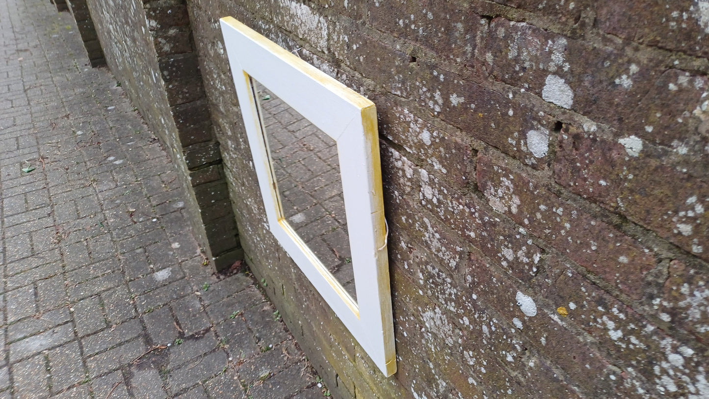 Bespoke Vintage Retro Square Painted White and Gold Wall Mirror Hand Painted. Farrow and Ball.