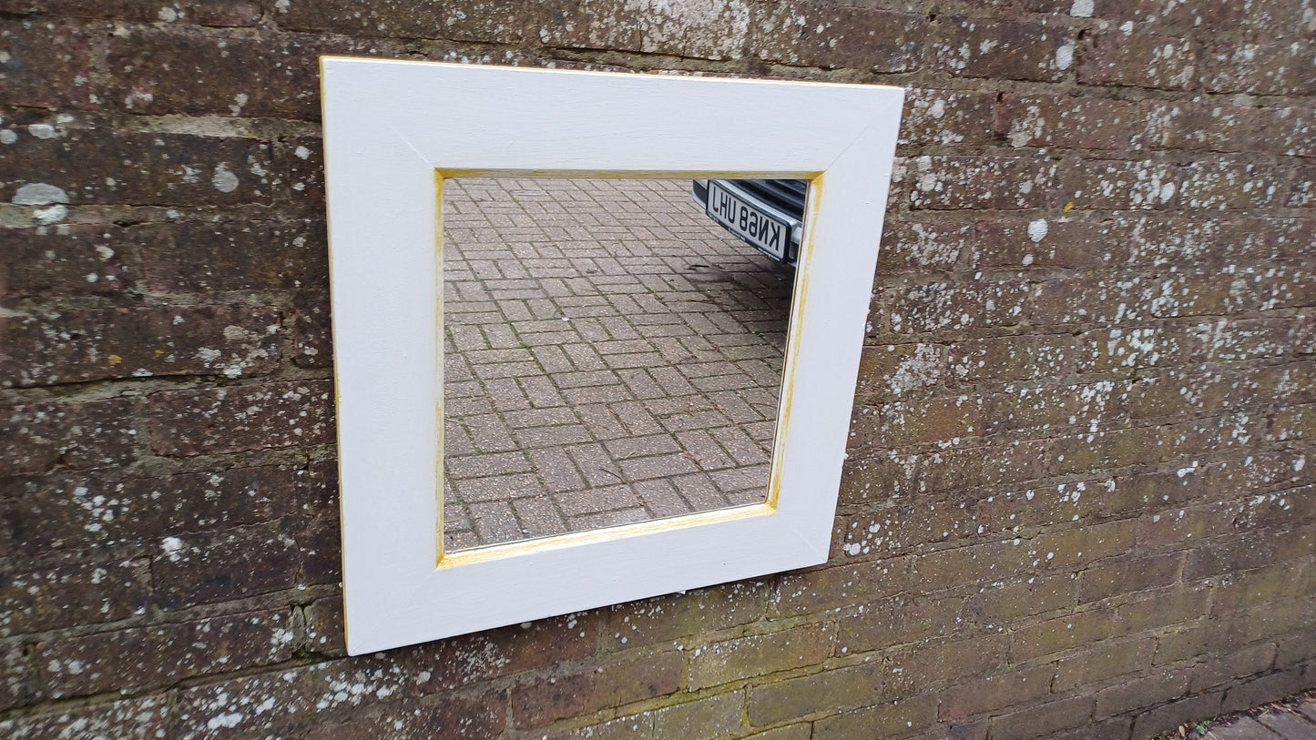 Bespoke Vintage Retro Square Painted White and Gold Wall Mirror Hand Painted. Farrow and Ball.