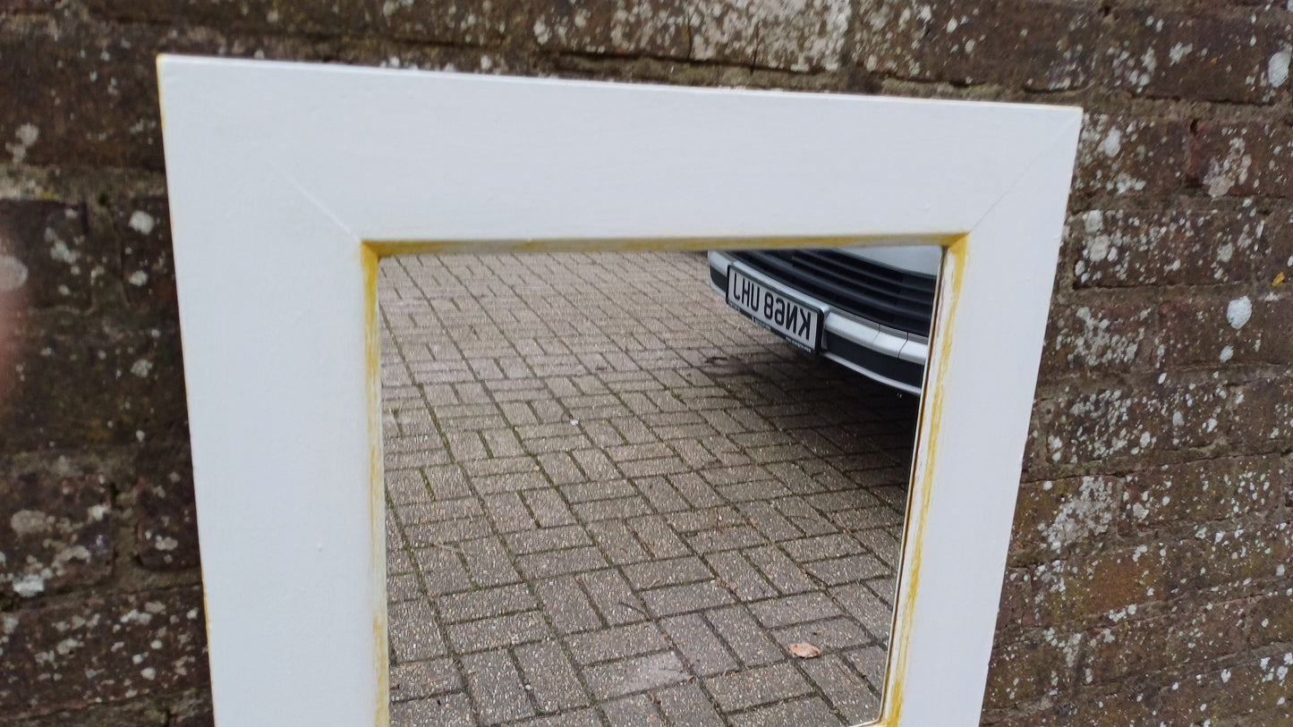 Bespoke Vintage Retro Square Painted White and Gold Wall Mirror Hand Painted. Farrow and Ball.