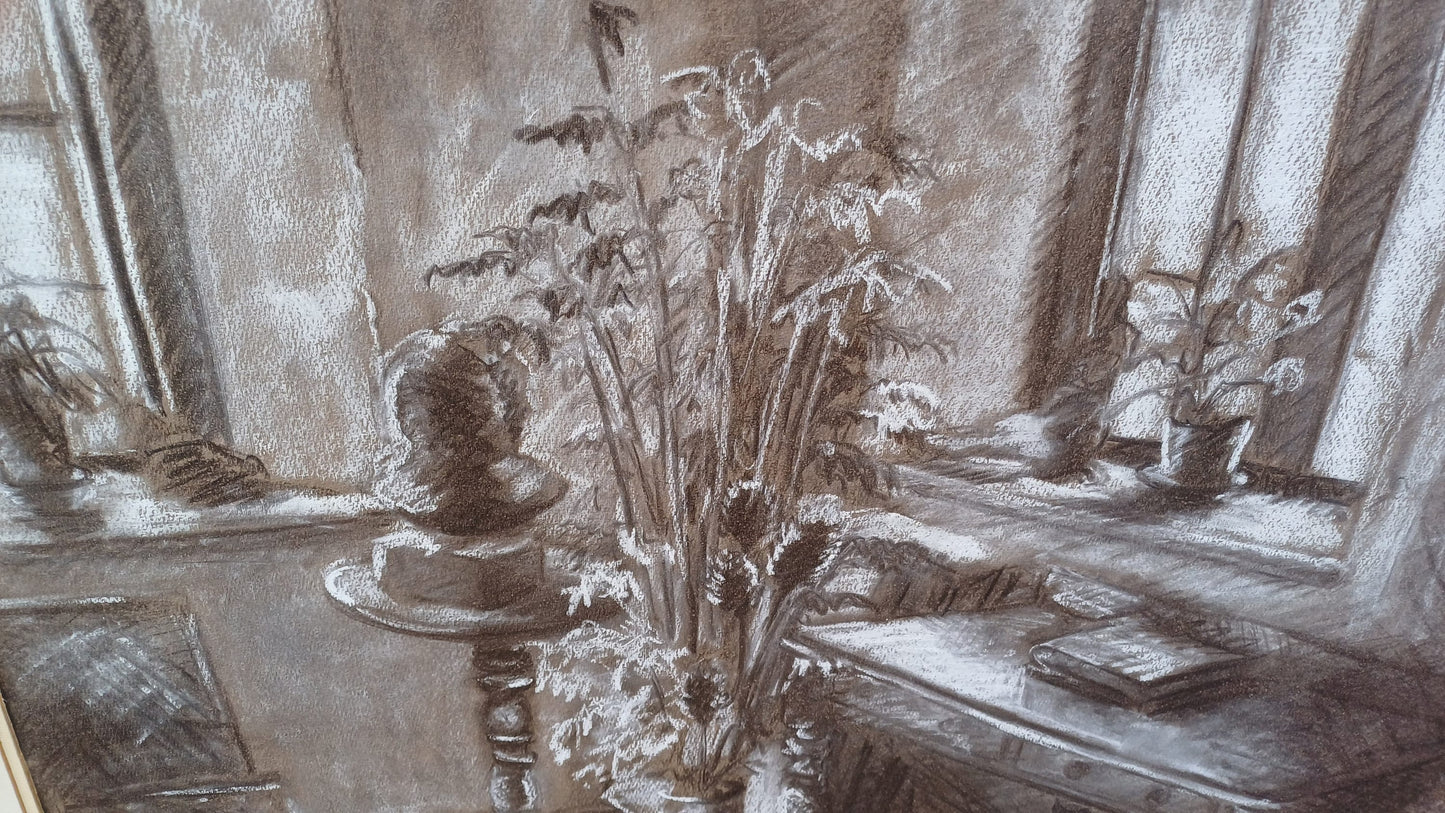 Large vintage black and white pastel still life by Kay Parsons 1987, Studio Corner