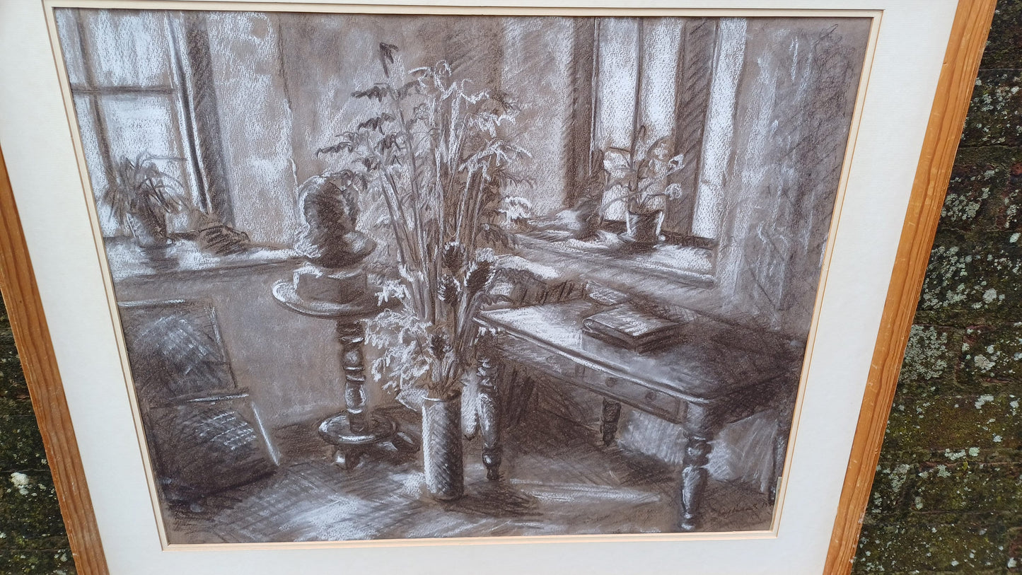 Large vintage black and white pastel still life by Kay Parsons 1987, Studio Corner