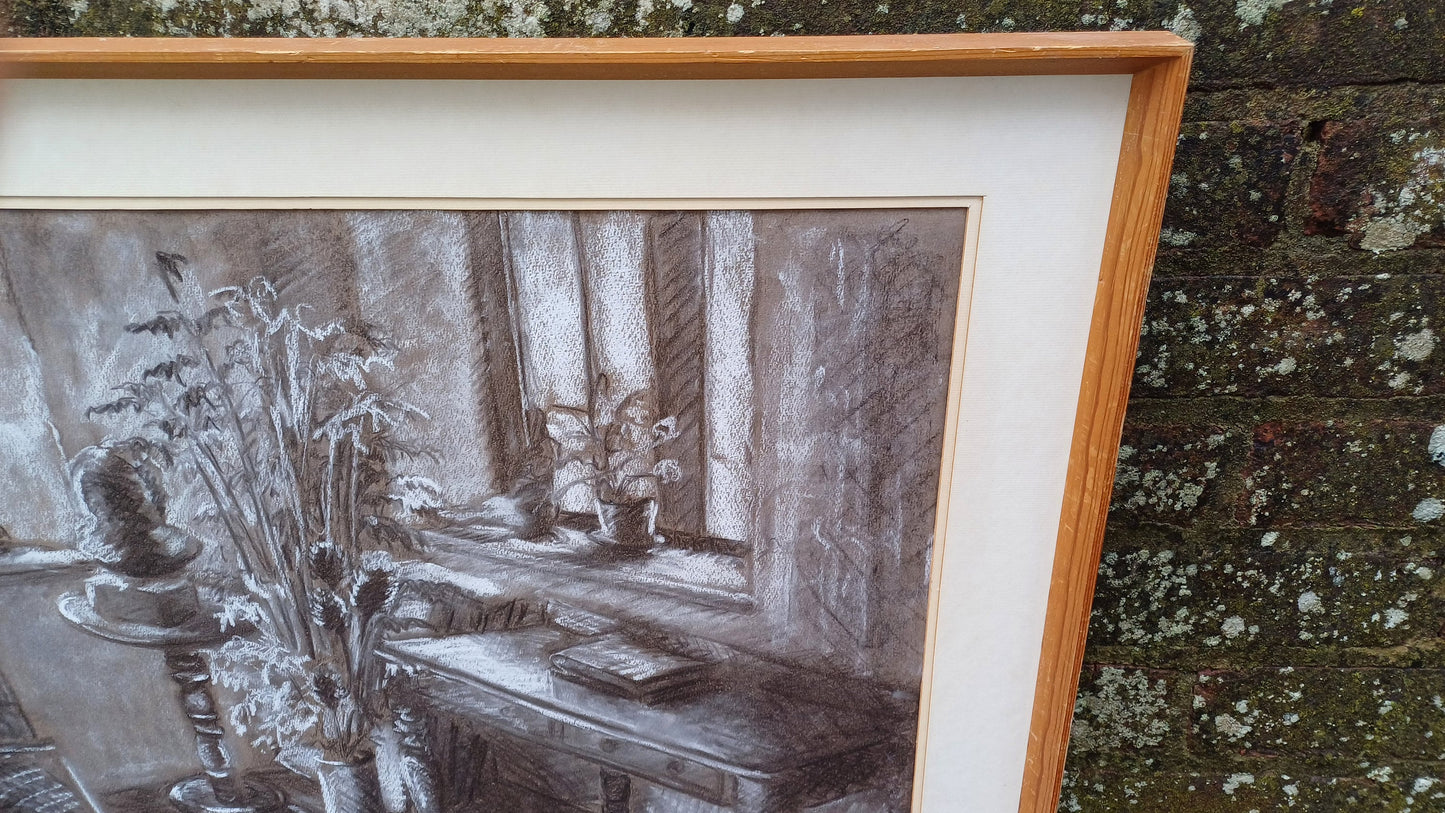 Large vintage black and white pastel still life by Kay Parsons 1987, Studio Corner