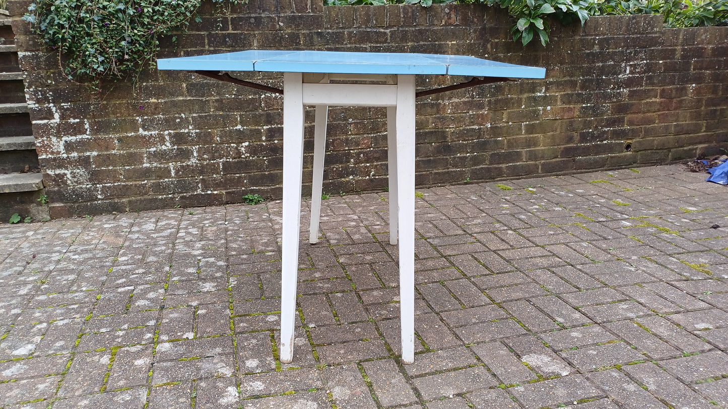 Vintage Retro Painted White and Blue Formica Drop Leaf Table. Free Hand Delivery.