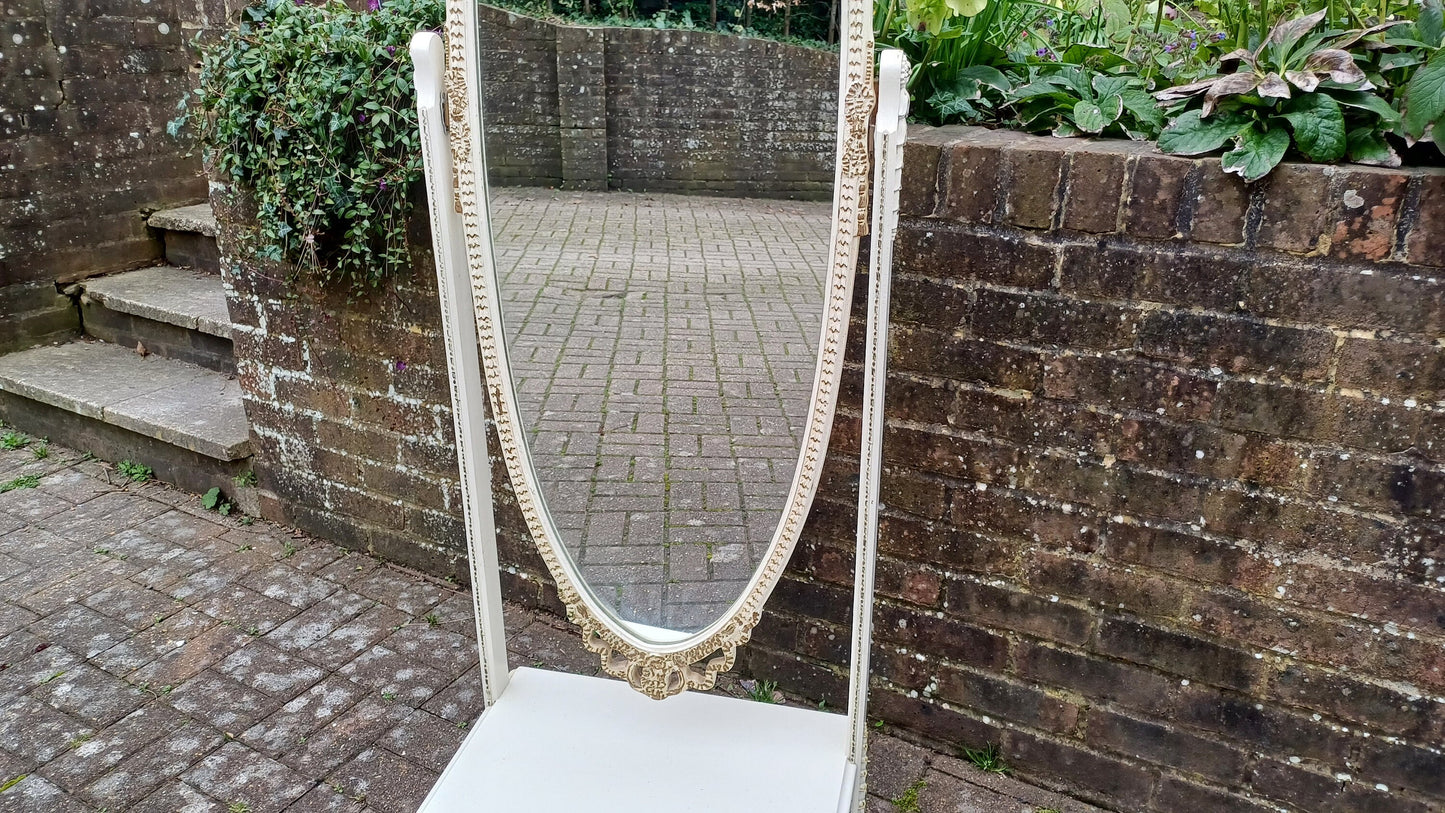Huge Vintage Retro 70s Painted Cheval Mirror with Drawer Gold Highlights Nearly 6 ft.