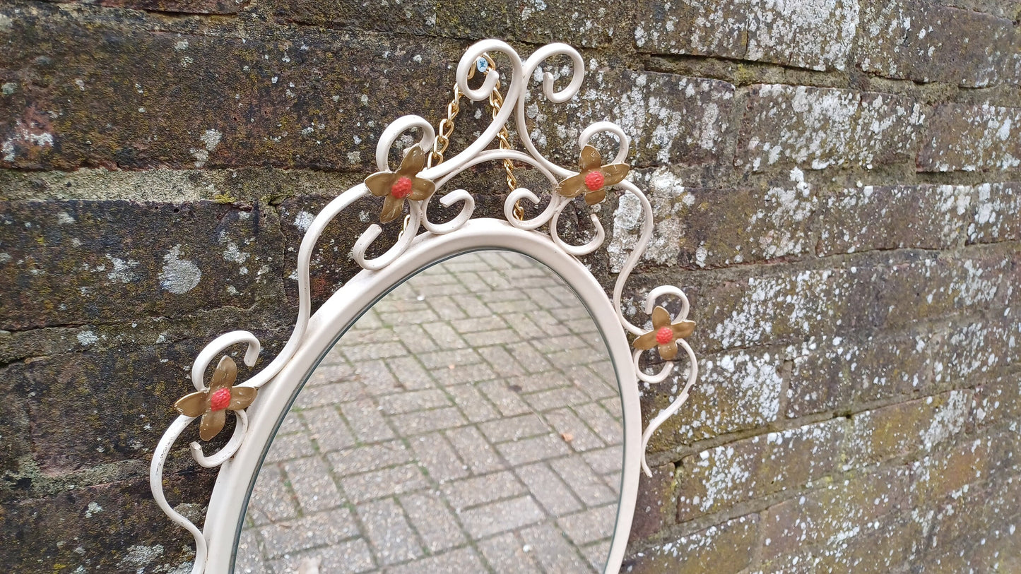 Large Vintage Retro 70s Oval White Metal Light Cream Enamel Oval Mirror with Floral Decoration.
