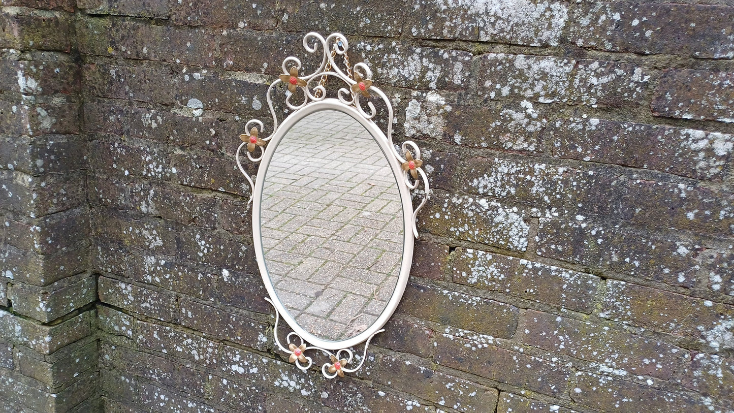 Large Vintage Retro 70s Oval White Metal Light Cream Enamel Oval Mirror with Floral Decoration.