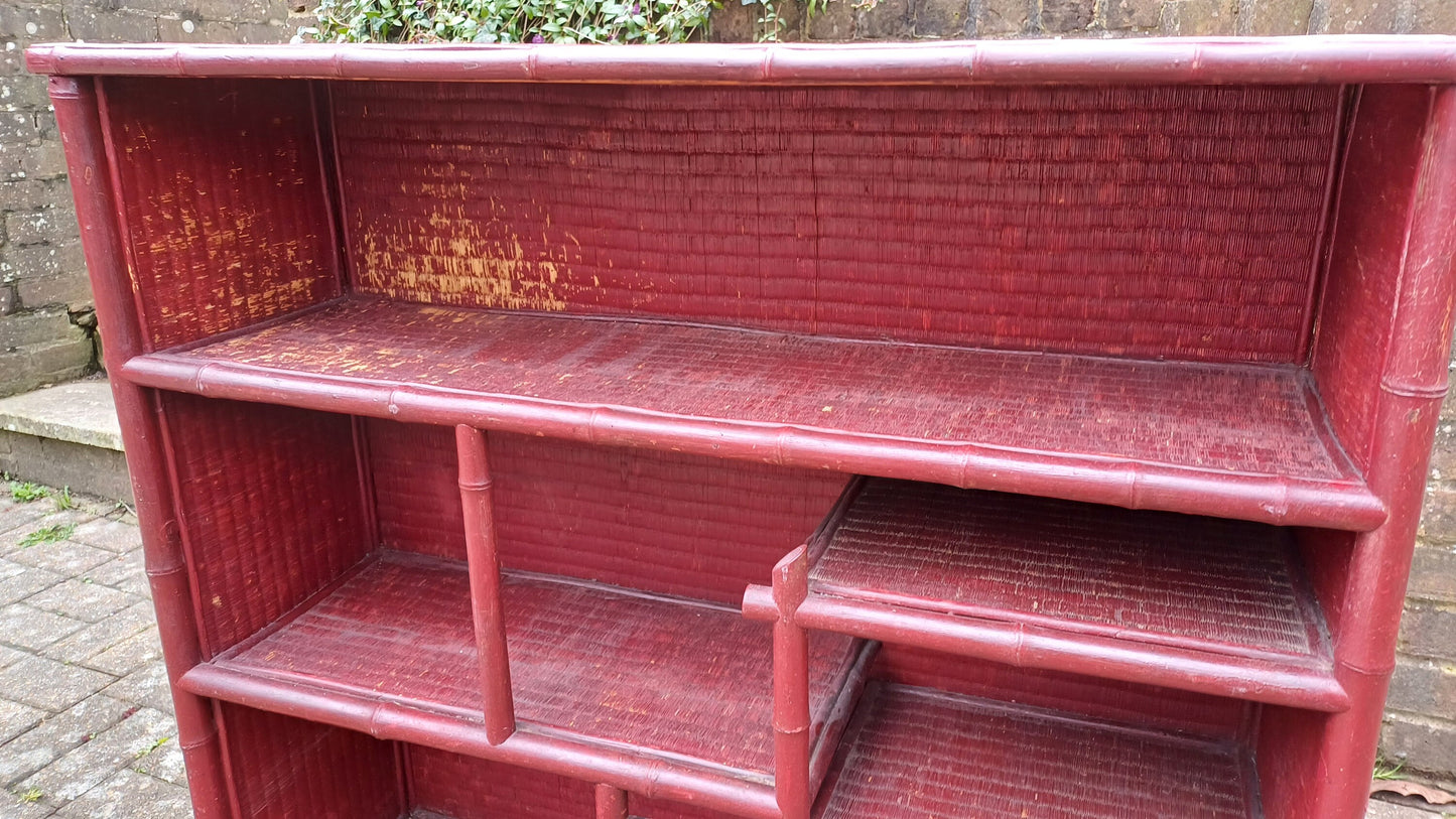 Large Vintage Wood Bamboo and Rattan Victorian Painted Bookcase Shelves Storage Full of Vintage Charm
