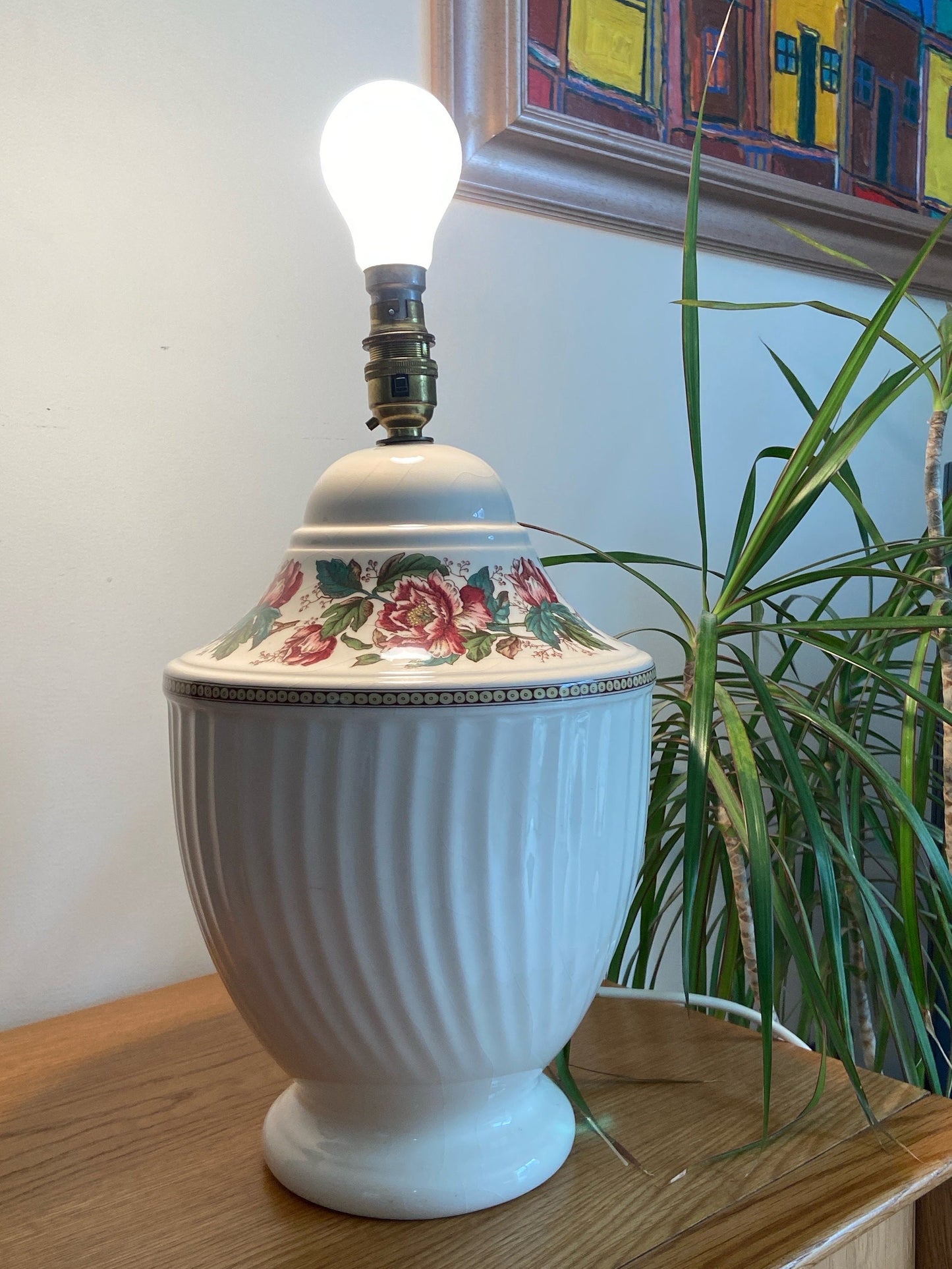 1920s Floral China Urn Style Lamp with floral transfers, excellent condition, working order, large size