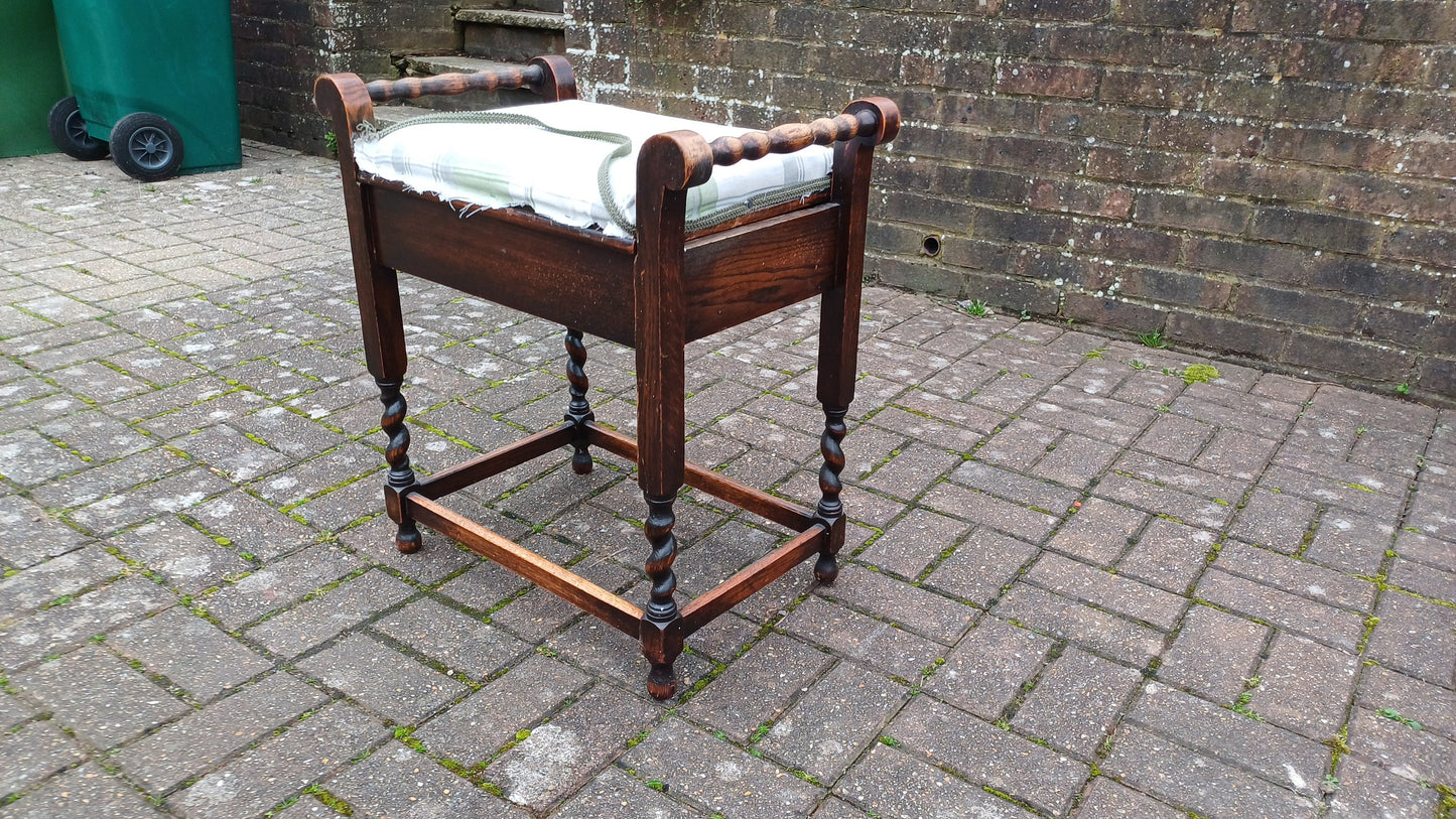 Vintage Oak Barley Twist 20s Piano Stool with Compartment