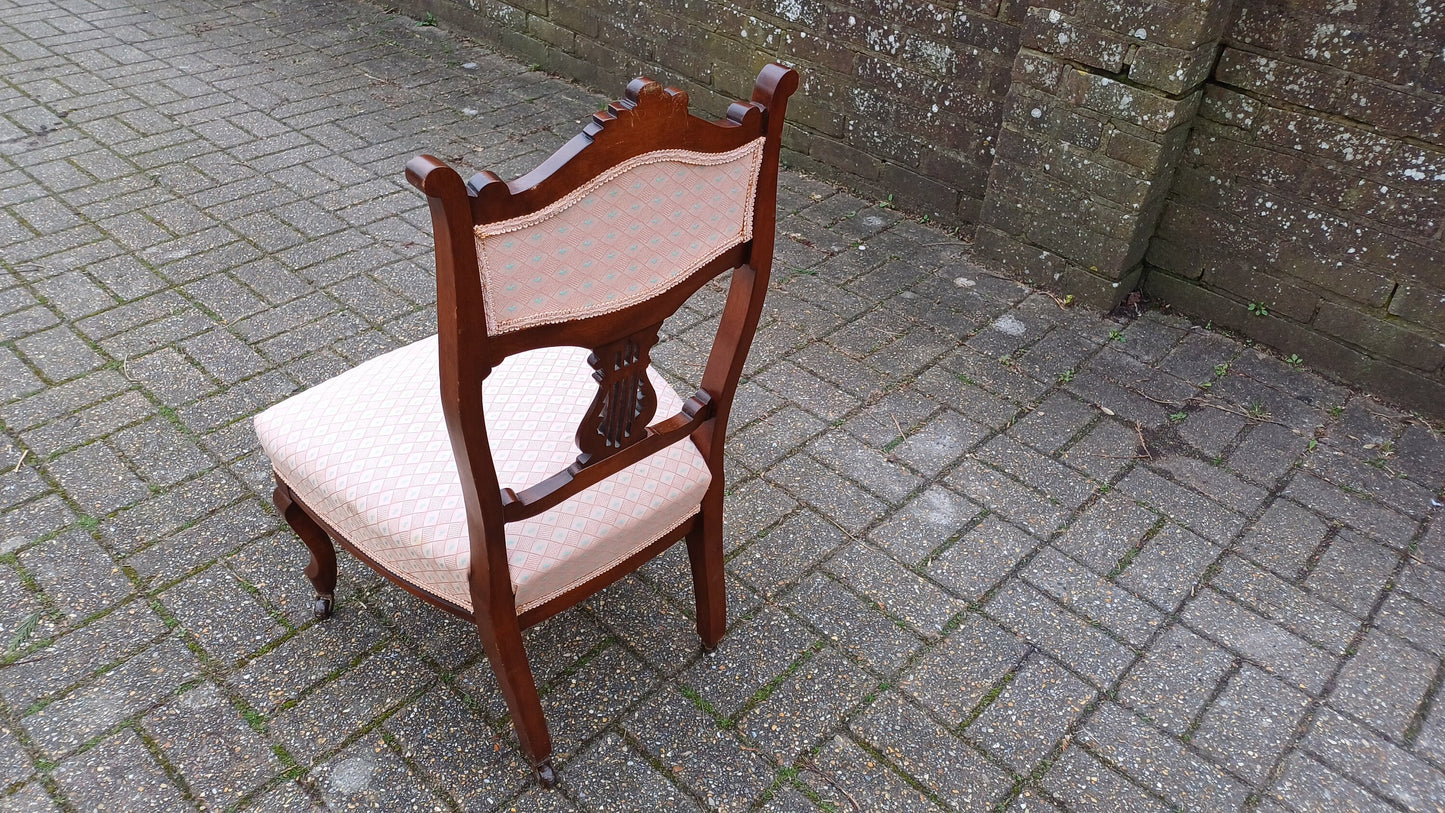 Beautiful Vintage Mahogany Victorian Upholstered Occasional Chair. Nursing Chair Pink Fabric.