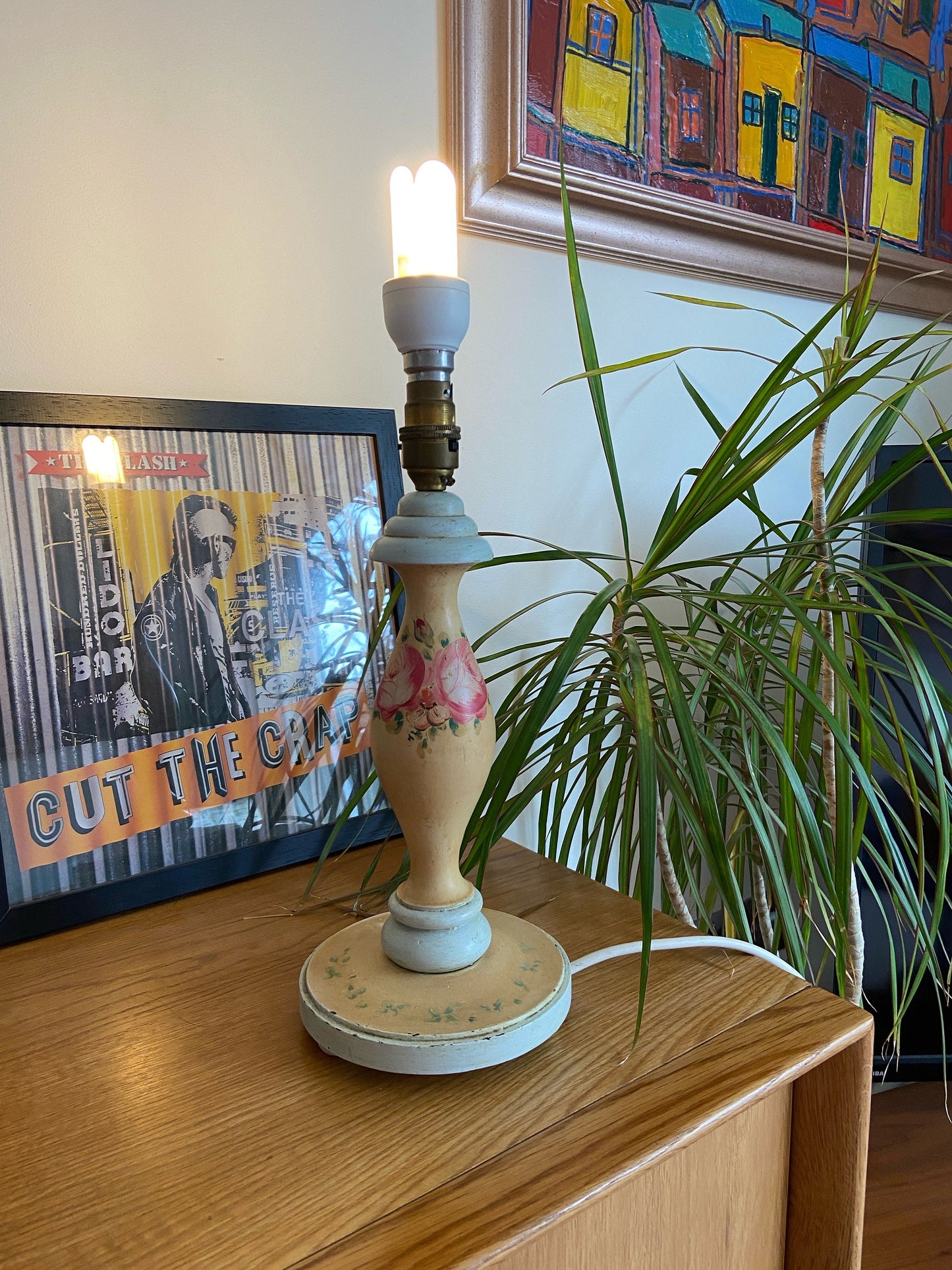 Vintage French Country Style Wooden painted table lamp - roses, pink, peach, grey - shabby chic lamp, working lamp