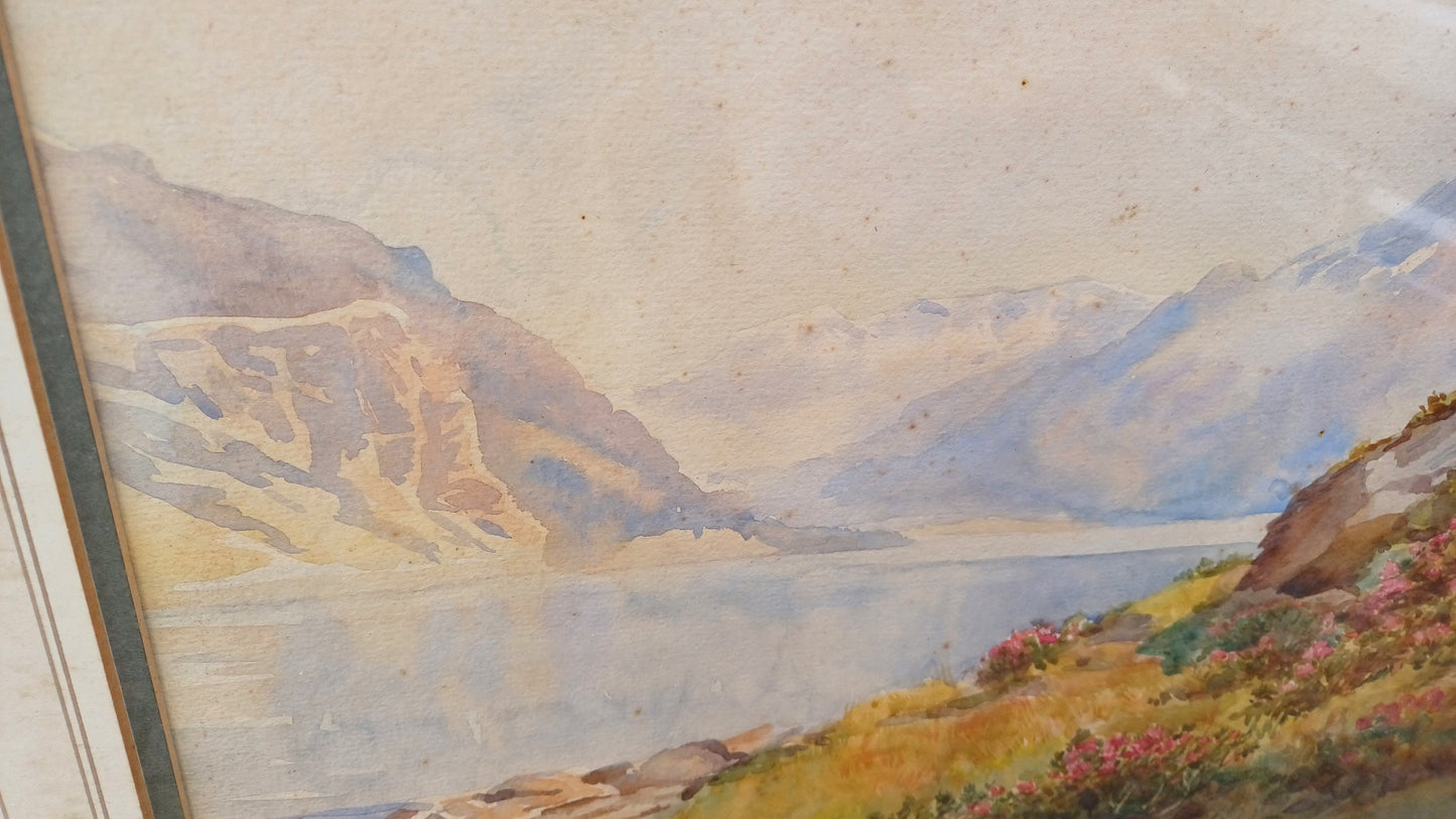 Large Top Quality Vintage Late Victorian Landscape Watercolour. Loch Scotland Vista Superb Detail