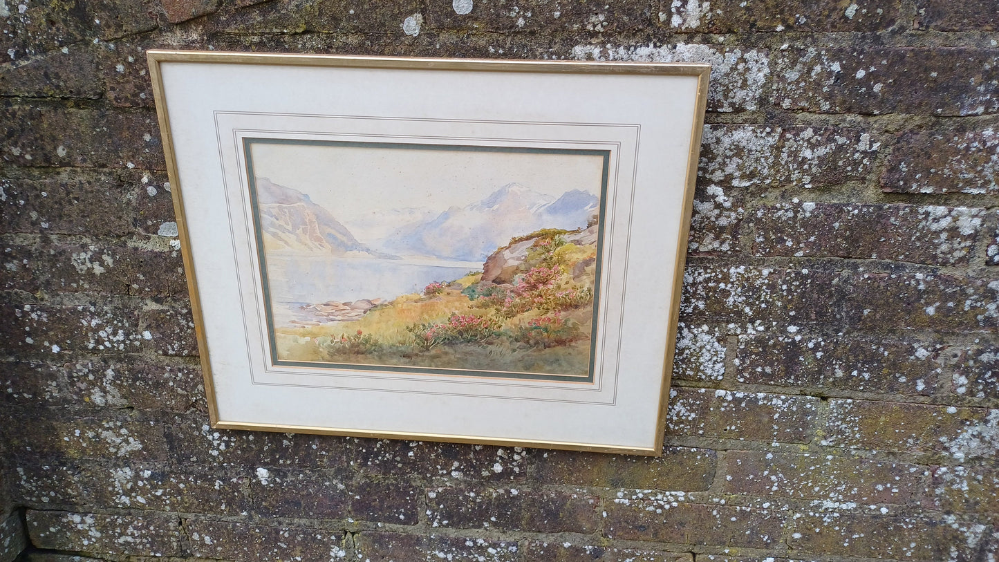 Large Top Quality Vintage Late Victorian Landscape Watercolour. Loch Scotland Vista Superb Detail