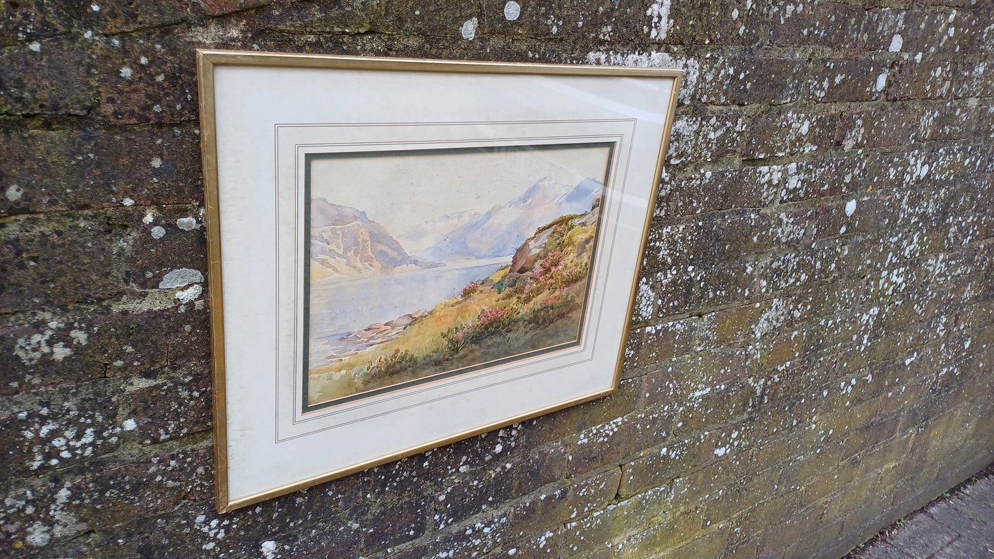 Large Top Quality Vintage Late Victorian Landscape Watercolour. Loch Scotland Vista Superb Detail
