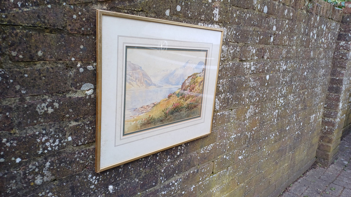 Large Top Quality Vintage Late Victorian Landscape Watercolour. Loch Scotland Vista Superb Detail