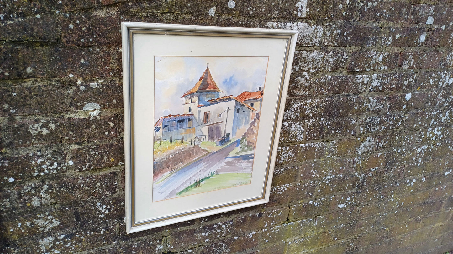 Superb Large Vintage Original Watercolour Church Landscape France