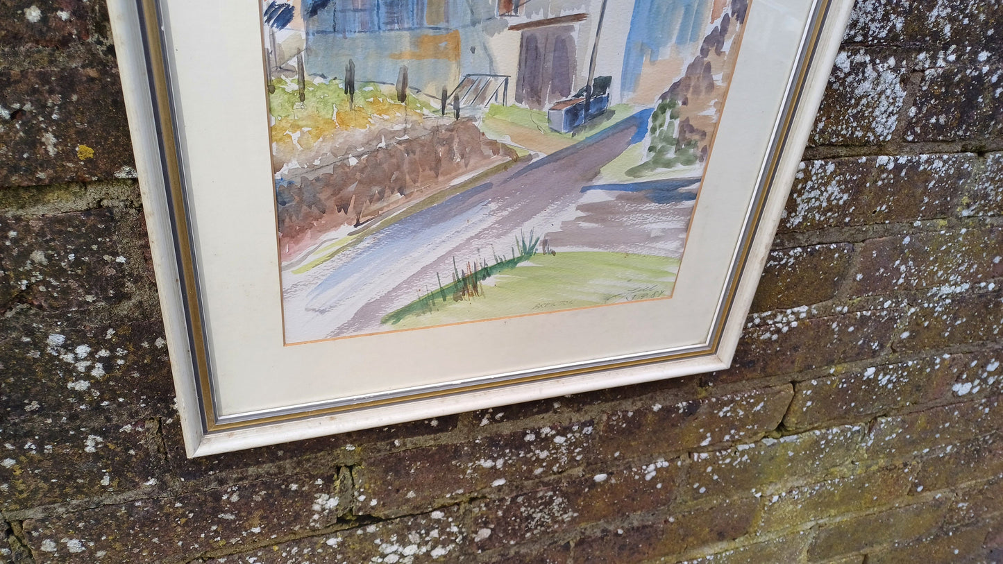 Superb Large Vintage Original Watercolour Church Landscape France