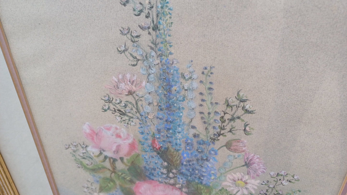 Beautiful Large Vintage 90s Original Still Life Pastel ‘Rose and Delphiniums’