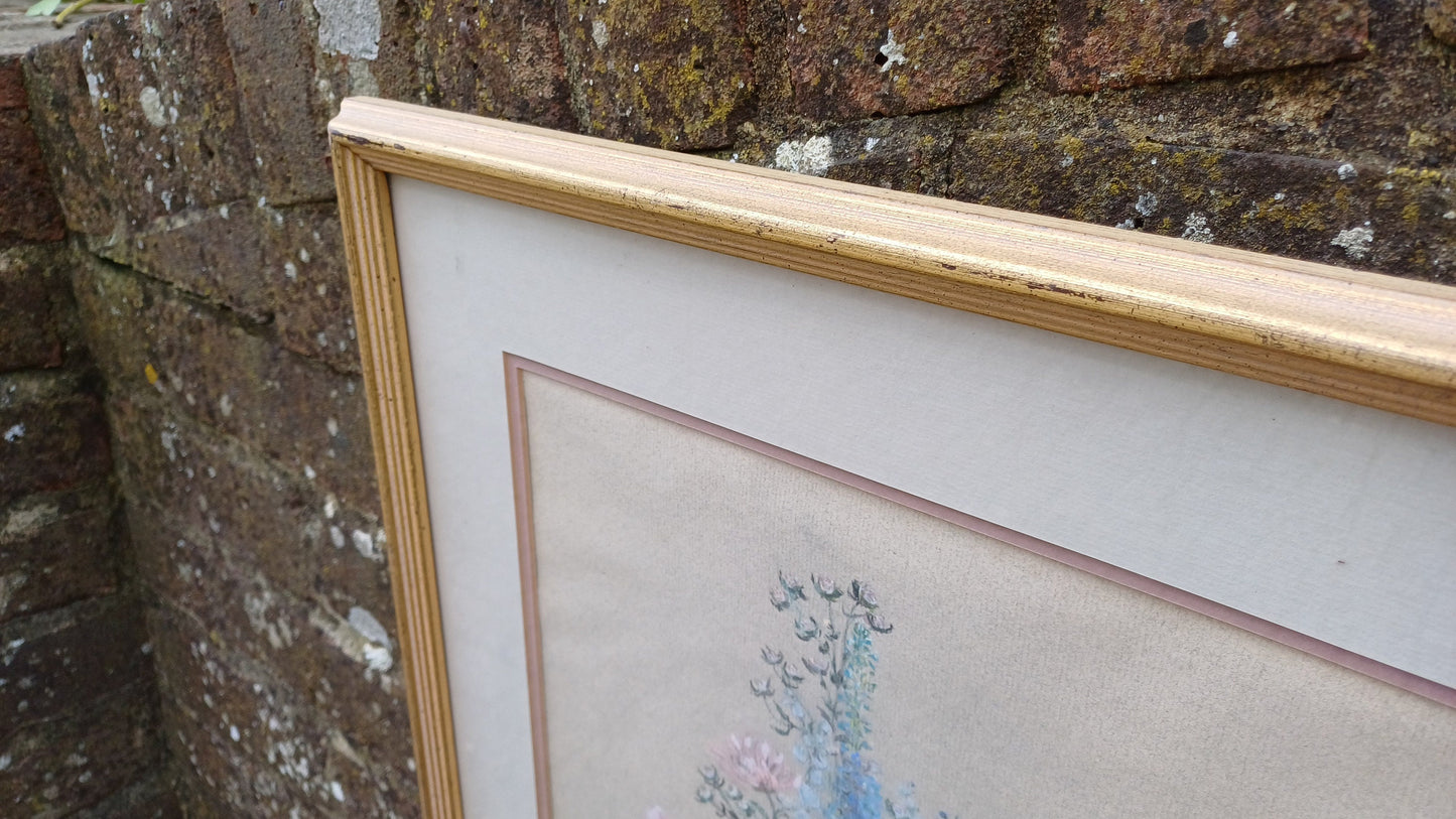 Beautiful Large Vintage 90s Original Still Life Pastel ‘Rose and Delphiniums’