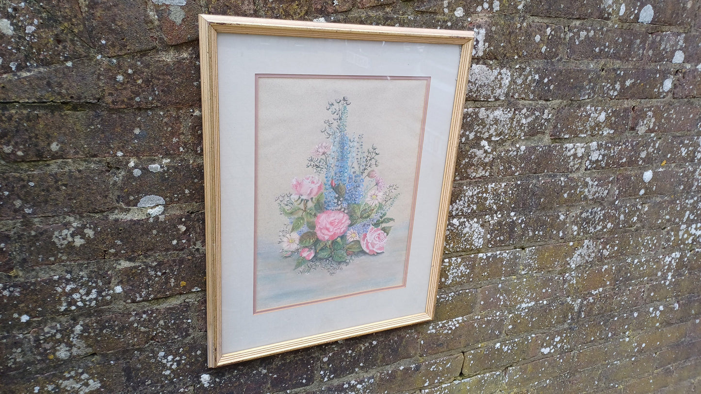 Beautiful Large Vintage 90s Original Still Life Pastel ‘Rose and Delphiniums’
