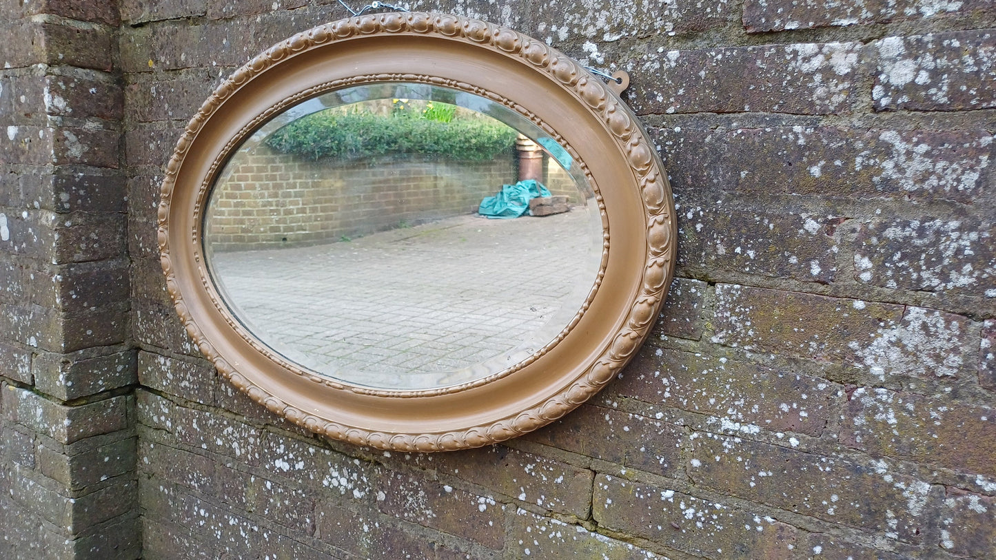 Large Vintage Painted Brown Gold Gilt Oval Decorative Wall Mirror.