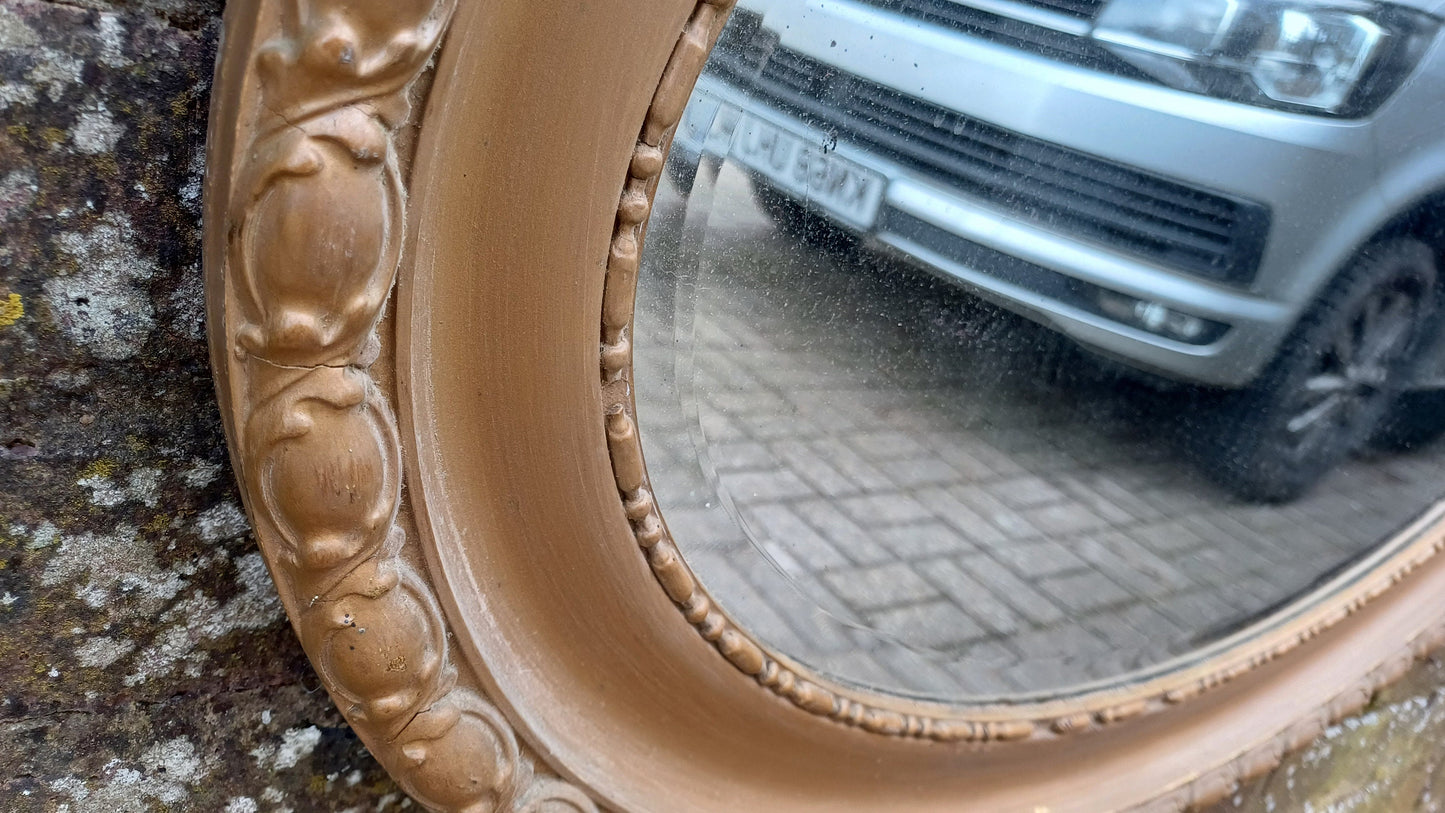 Large Vintage Painted Brown Gold Gilt Oval Decorative Wall Mirror.