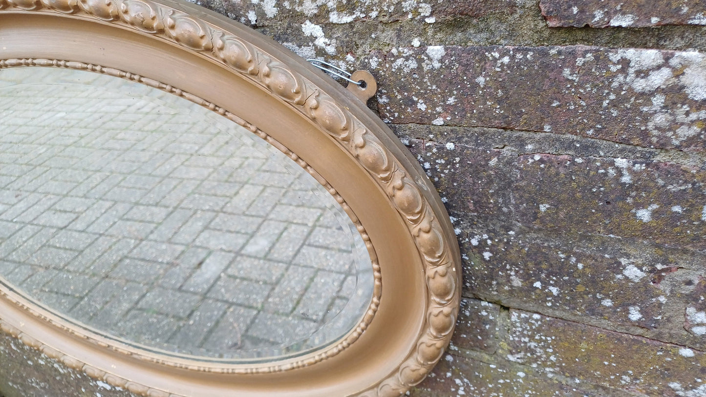Large Vintage Painted Brown Gold Gilt Oval Decorative Wall Mirror.