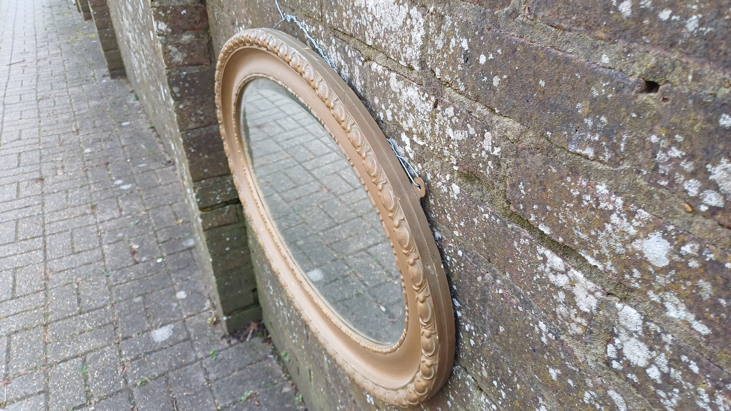 Large Vintage Painted Brown Gold Gilt Oval Decorative Wall Mirror.