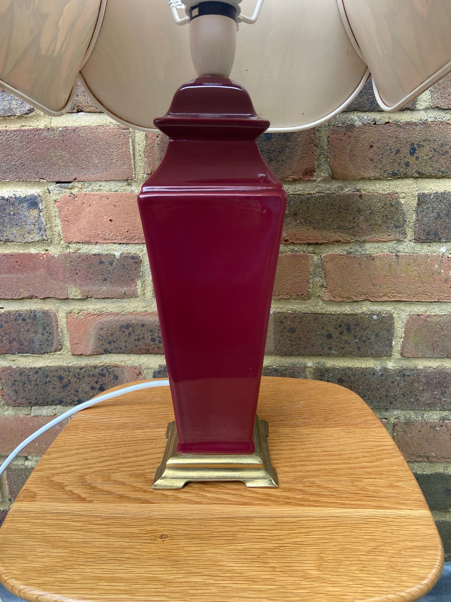1980s maroon burgundy ceramic lamp with funky floral shade - Goodson Lighting - working