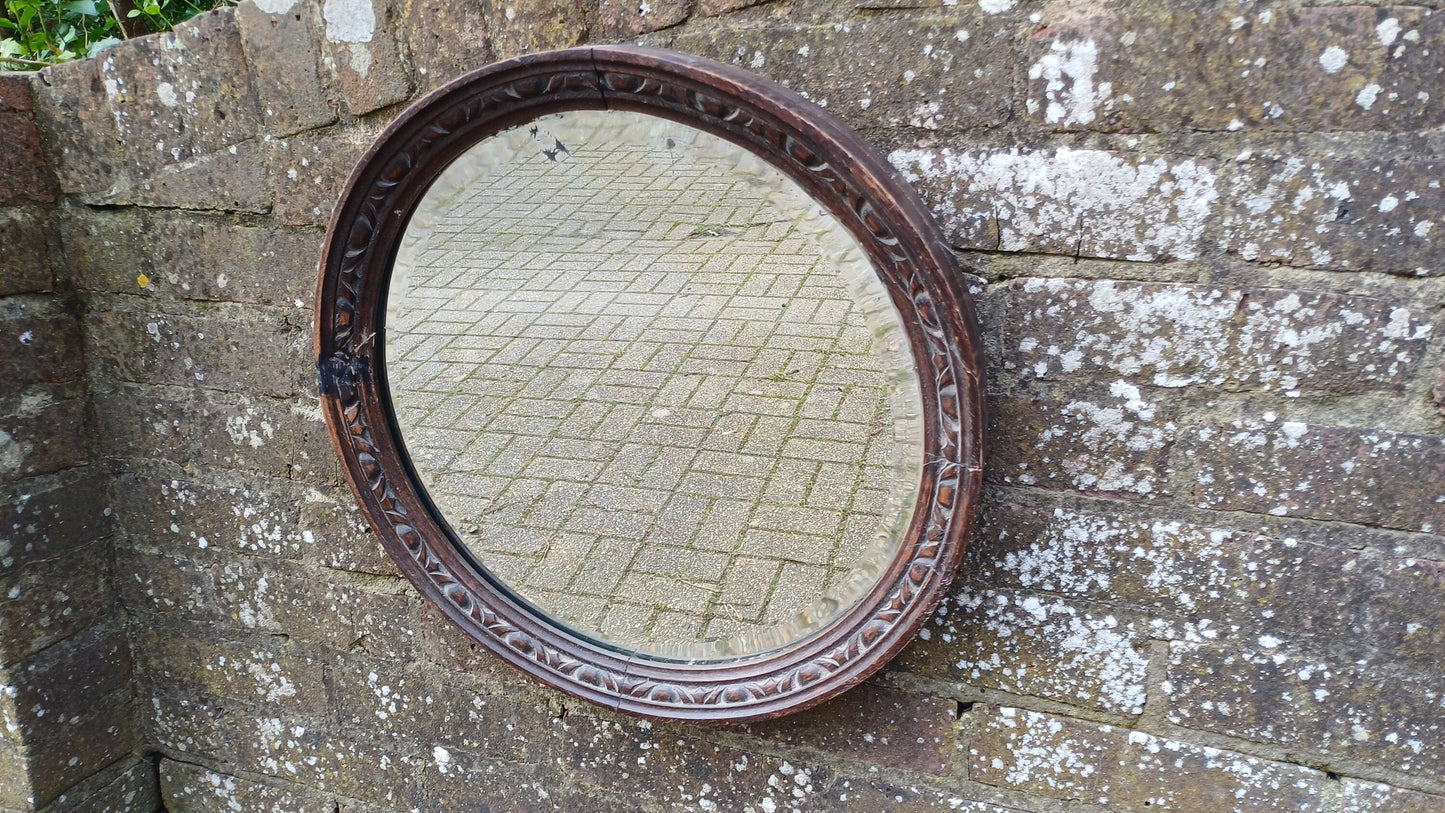 Very Vintage Round Carved Oak Wall Mirror. Age Worn.