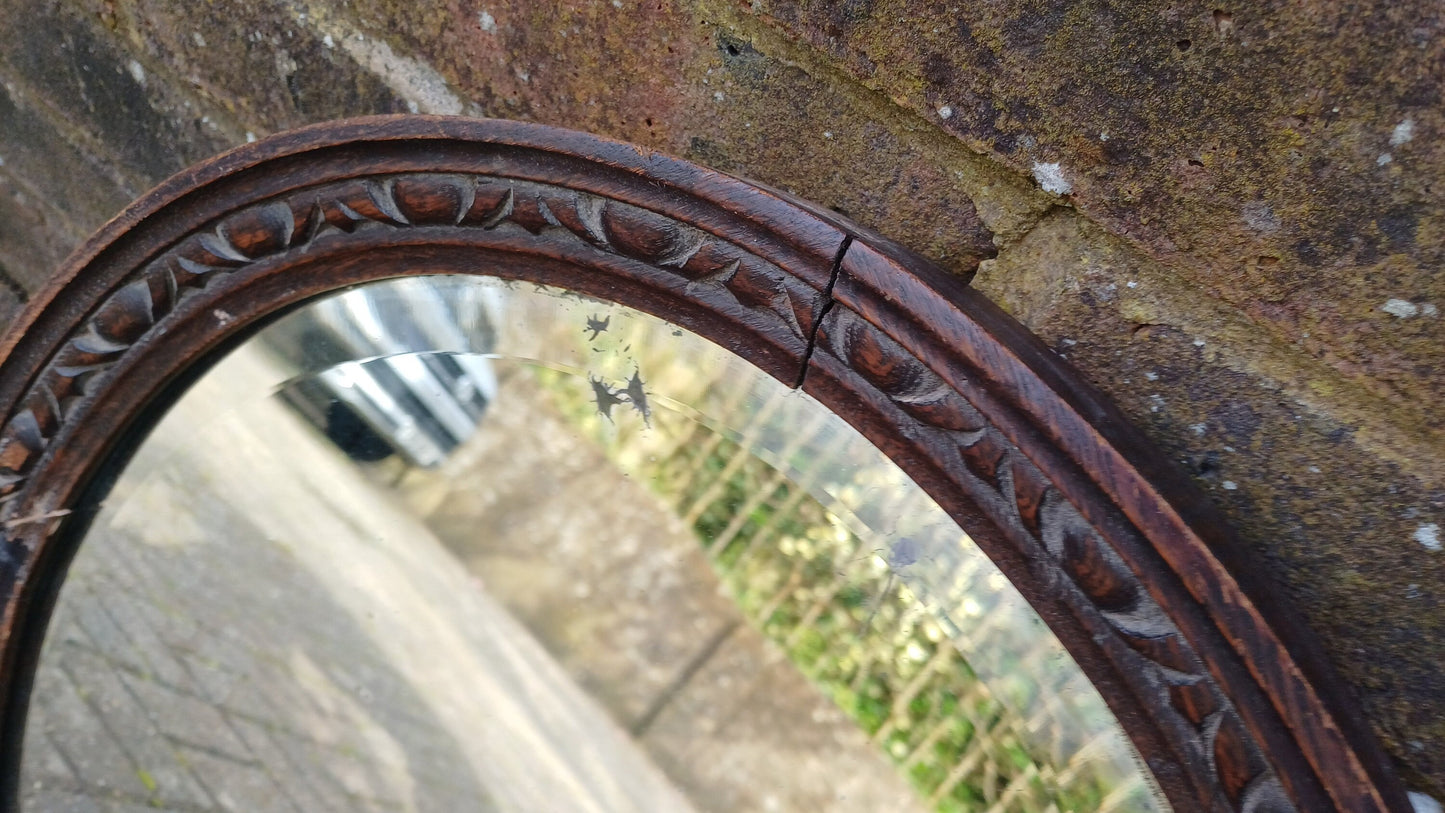 Very Vintage Round Carved Oak Wall Mirror. Age Worn.