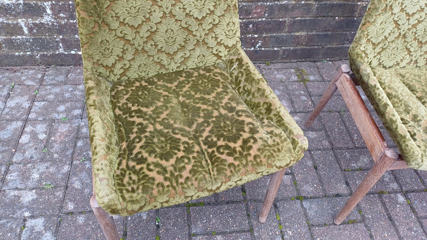Pair of Quirky Vintage Retro Teak Chairs with Bold Upholstered Coverings Brocade Raised Motif