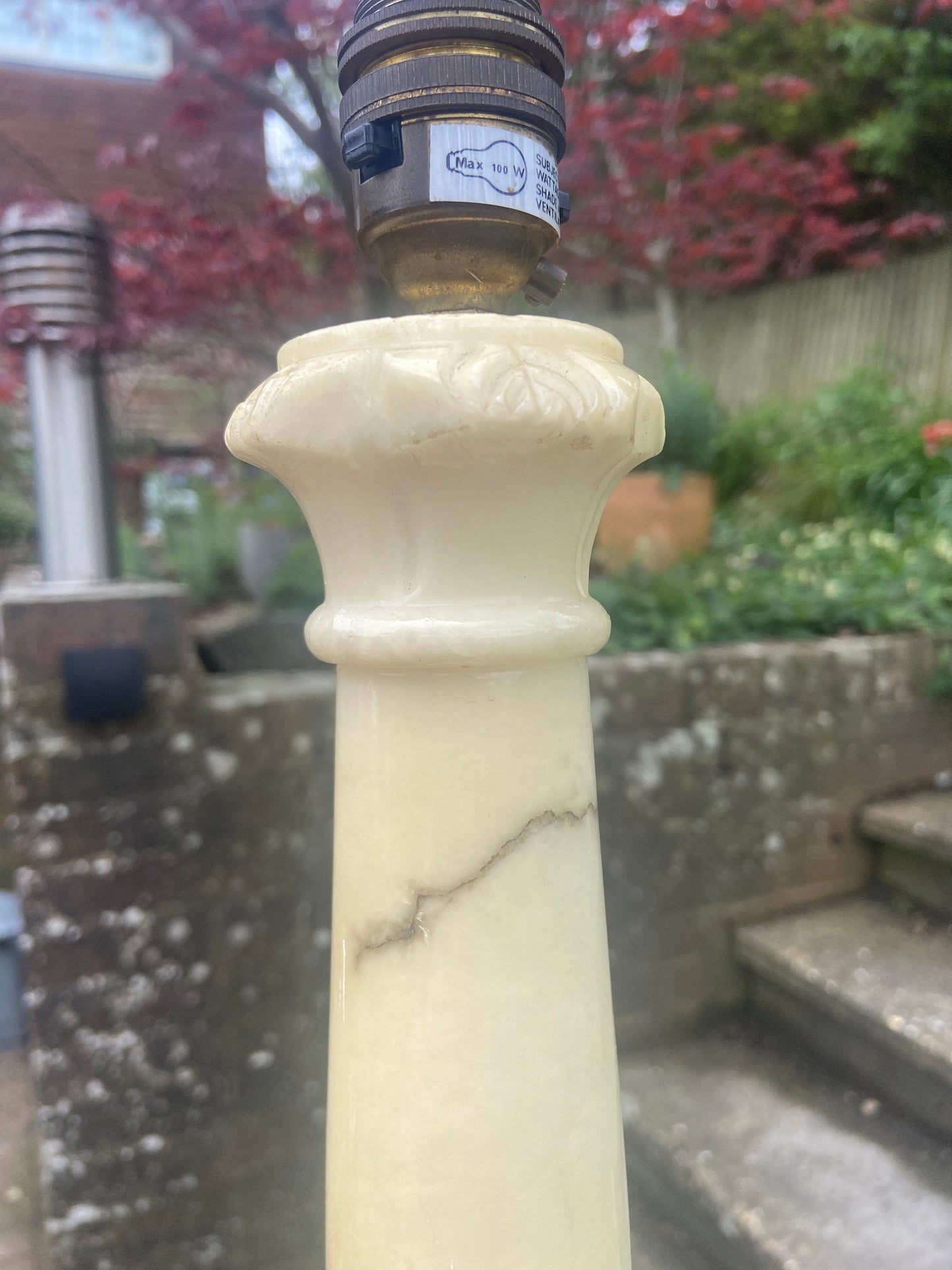 Gorgeous yellow alabaster column style lamp, tall - genuine alabaster Charneca - creamy white yellow onyx marble lamp - working vintage lamp