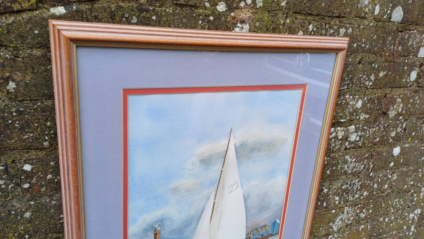 Large original watercolour of a yacht leaving a harbour, jetty, quay - seaside, maritime, boating scene
