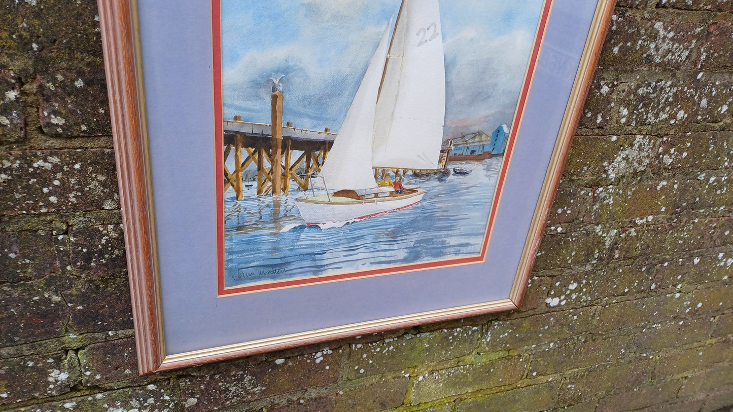 Large original watercolour of a yacht leaving a harbour, jetty, quay - seaside, maritime, boating scene
