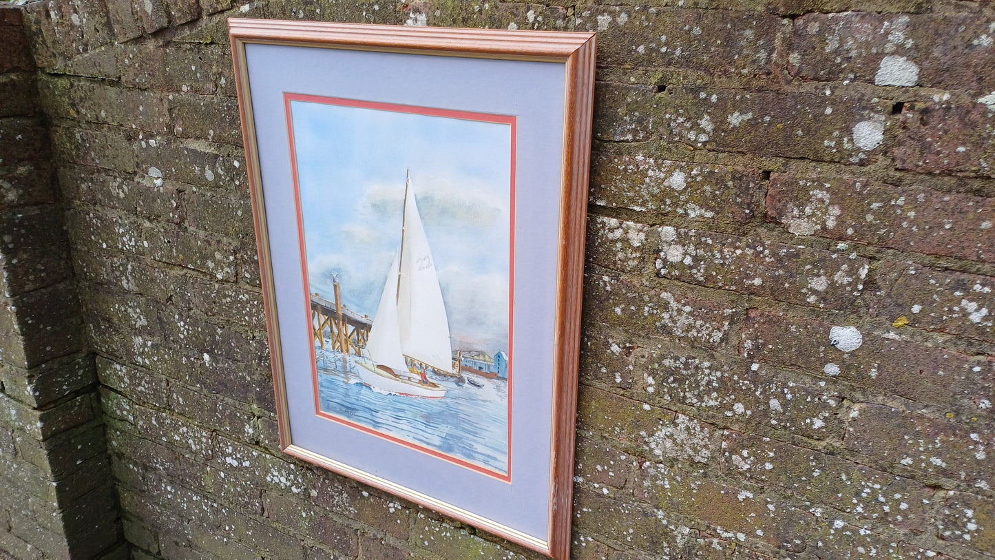 Large original watercolour of a yacht leaving a harbour, jetty, quay - seaside, maritime, boating scene